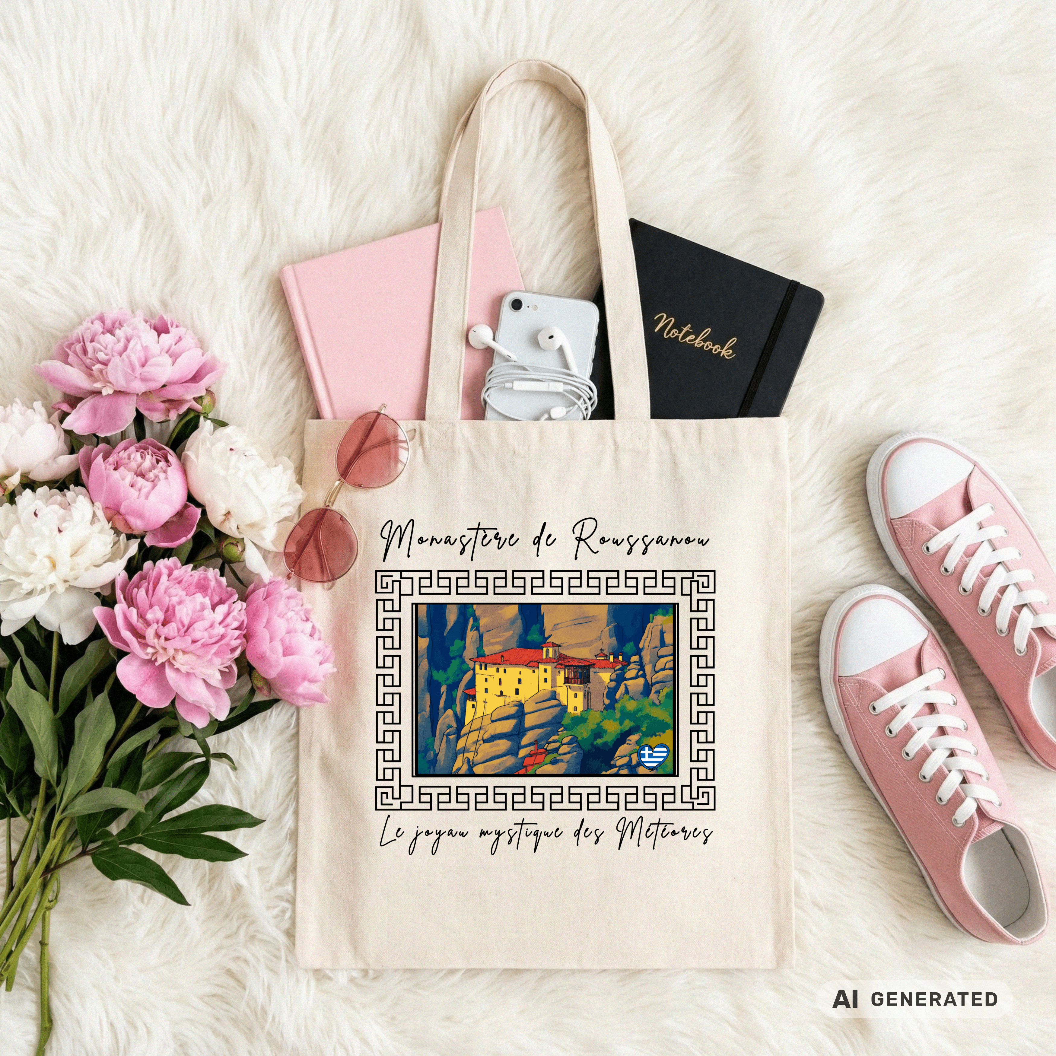 Stofftasche Meteora – Griechisches Kloster Design, Kunst Tote Bag, Geschenk für Griechenlandfans - Sunbeamstore