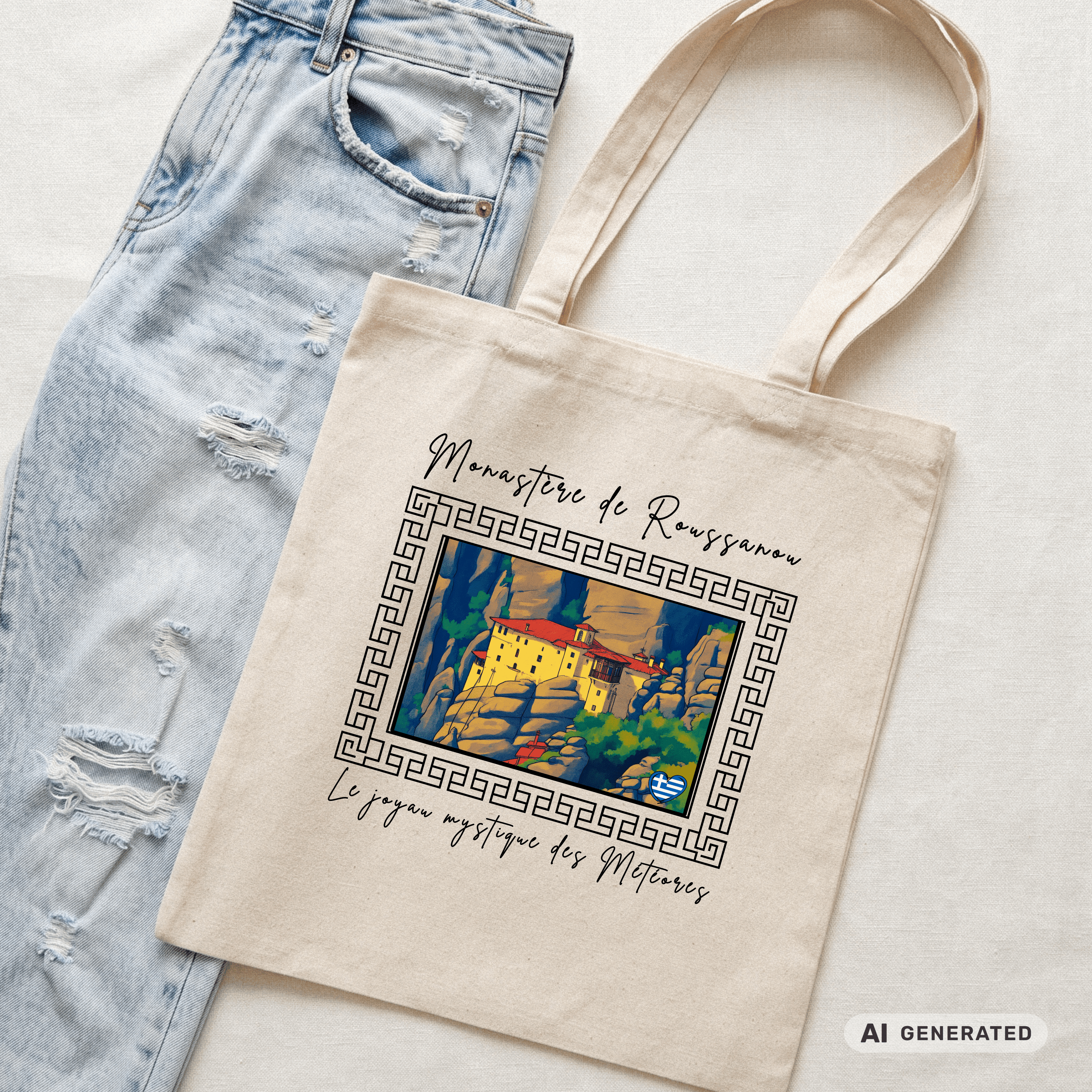 Stofftasche Meteora – Griechisches Kloster Design, Kunst Tote Bag, Geschenk für Griechenlandfans - Sunbeamstore