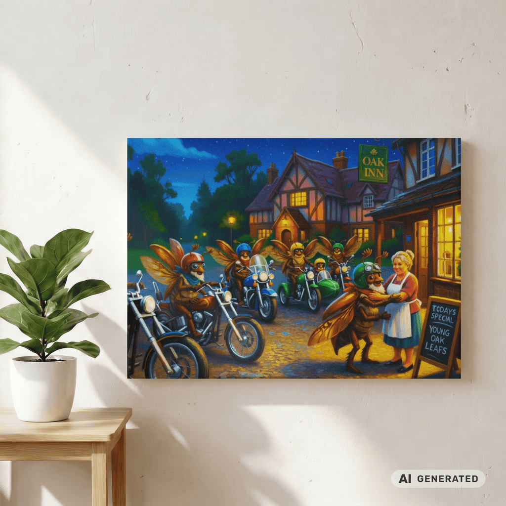 Stop at the Oak Inn Canvas 50x70 cm / 20x28″ atmosphärisches Fantasy Biker Pub Bild - Sunbeamstore