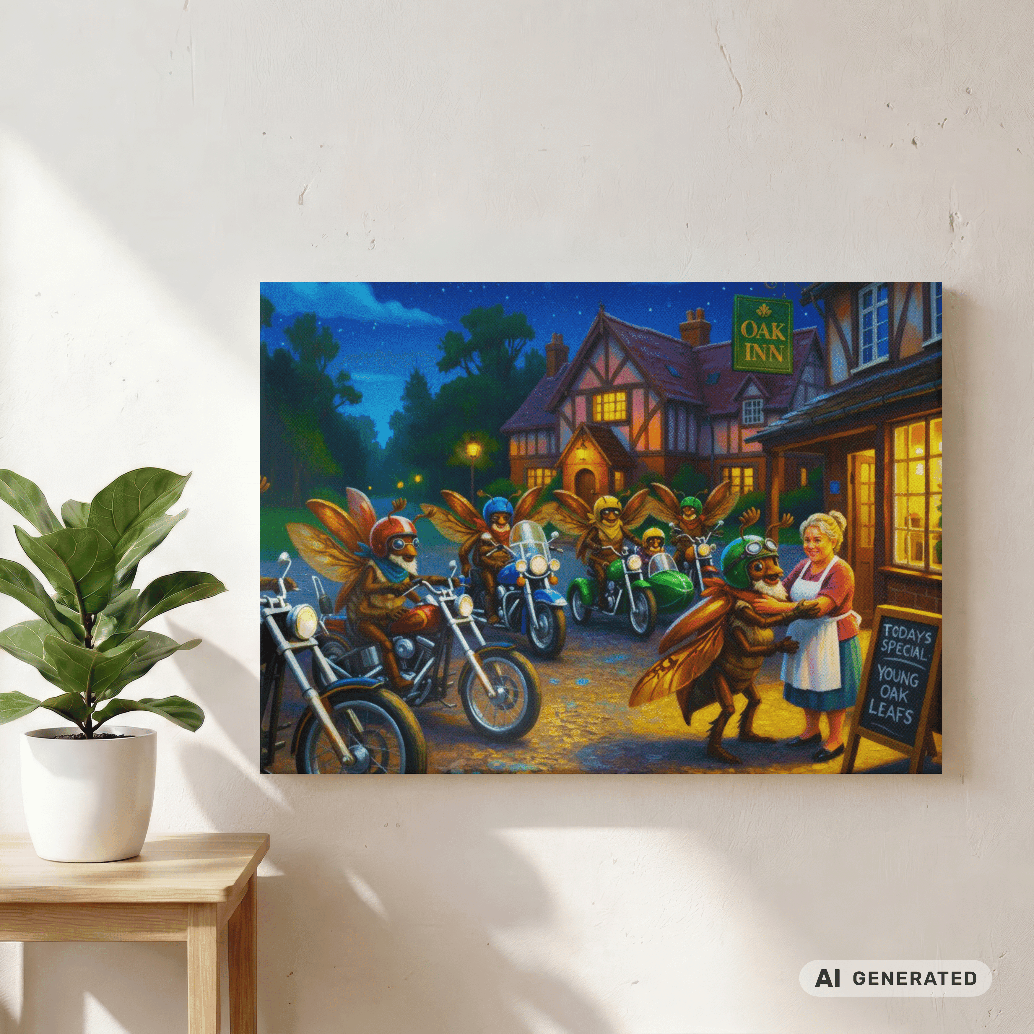 Stop at the Oak Inn Canvas 50x70 cm / 20x28″ atmosphärisches Fantasy Biker Pub Bild - Sunbeamstore