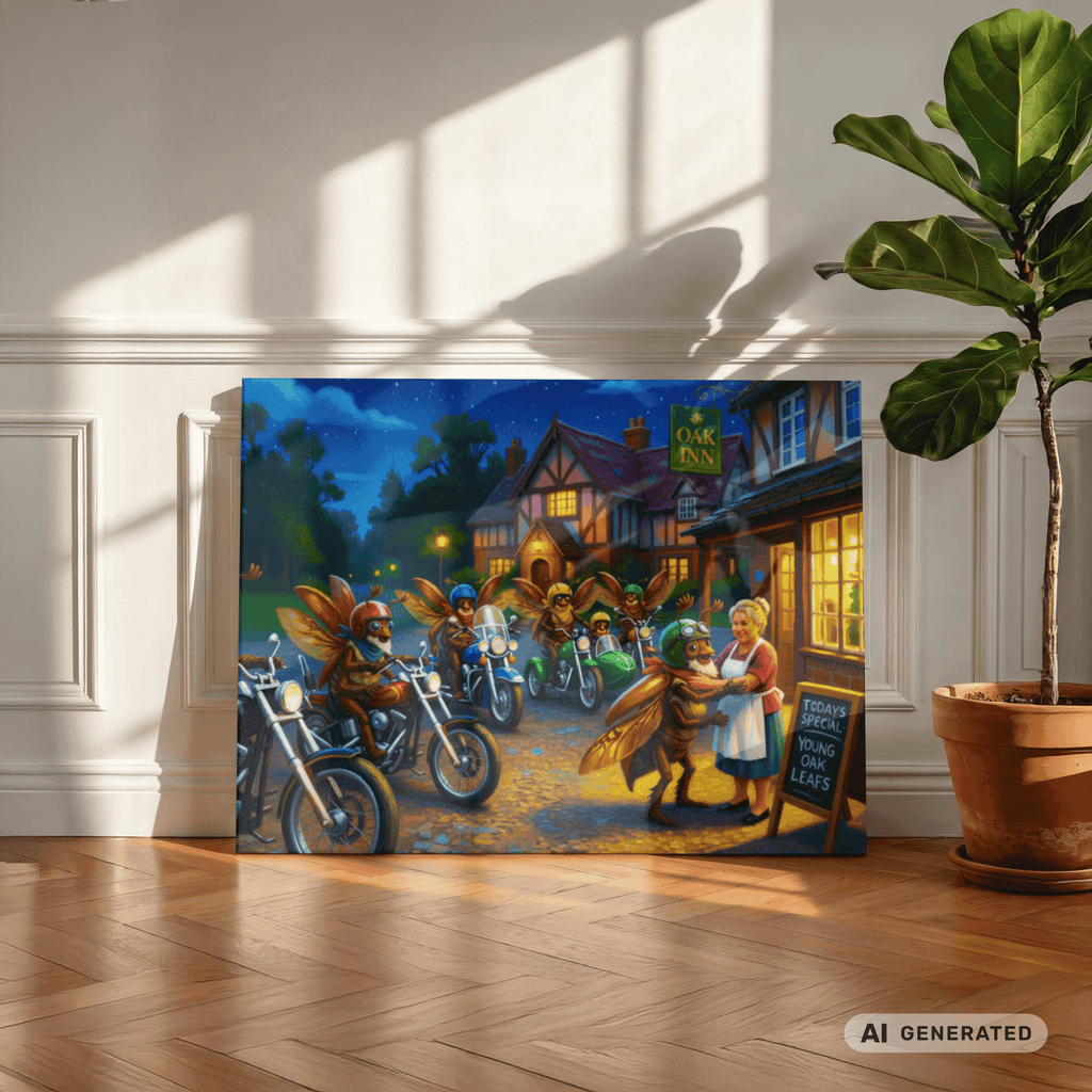 Stop at the Oak Inn Canvas 50x70 cm / 20x28″ atmosphärisches Fantasy Biker Pub Bild - Sunbeamstore
