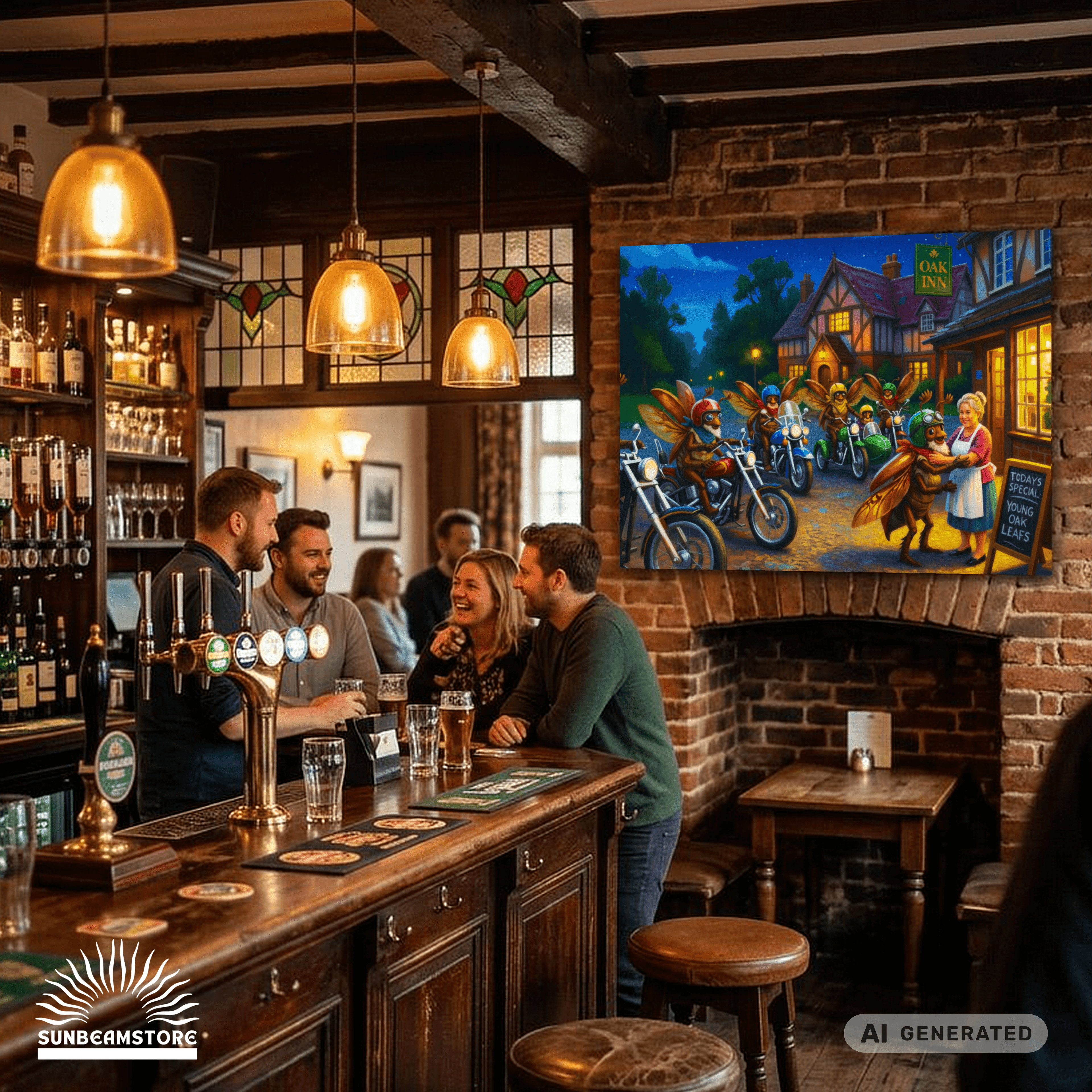 Stop at the Oak Inn Canvas 50x70 cm / 20x28″ atmosphärisches Fantasy Biker Pub Bild - Sunbeamstore