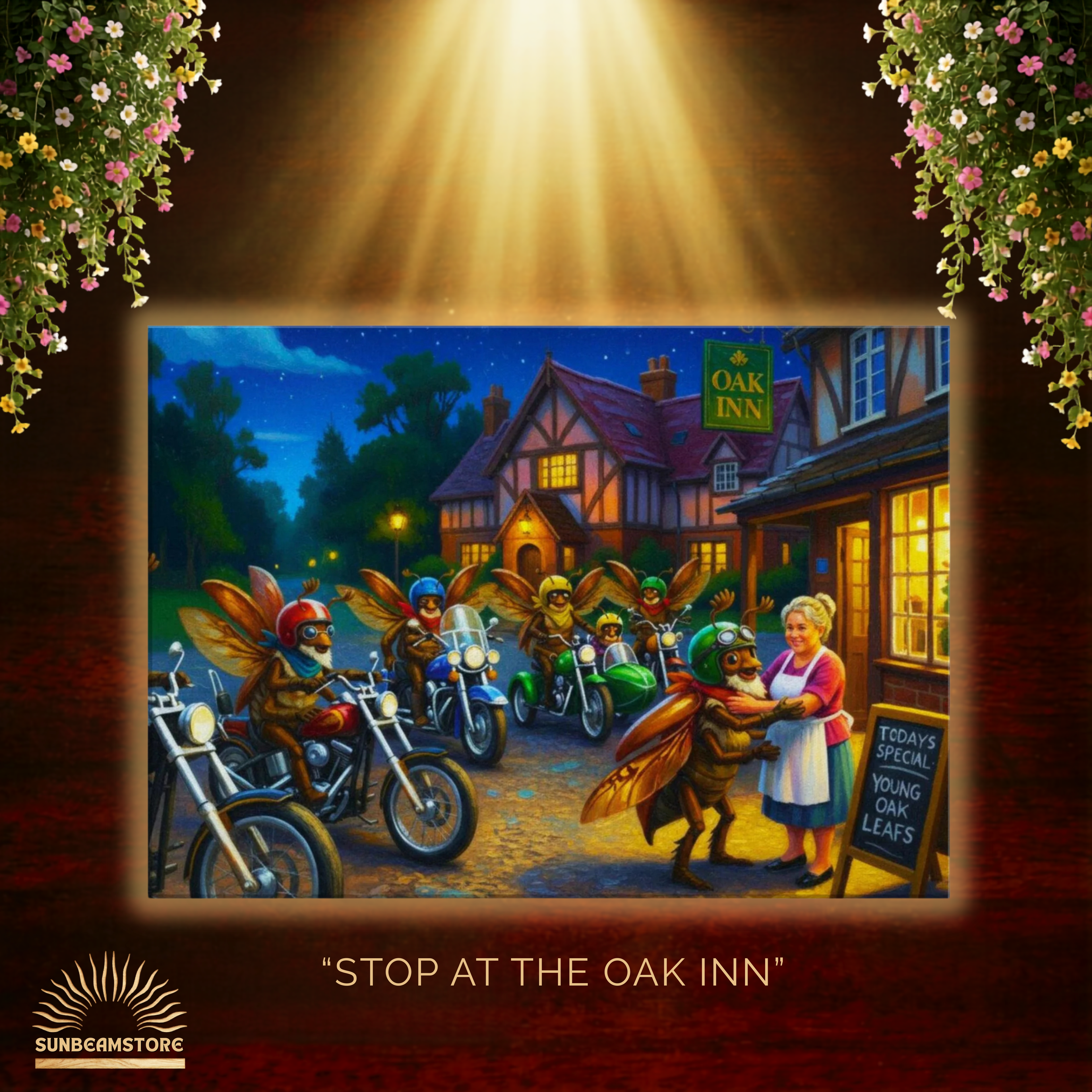 Stop at the Oak Inn     Canvas 50x70 cm / 20x28″ atmosphärisches Fantasy Biker Pub  Bild