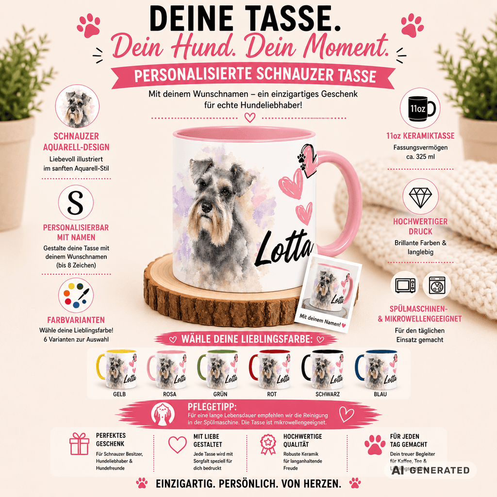 Personalisierte Schnauzer Tasse 11oz – Aquarell Hundemotiv mit Namen | Geschenk für Schnauzer Besitzer | Keramiktasse mit Farbwahl - Sunbeamstore