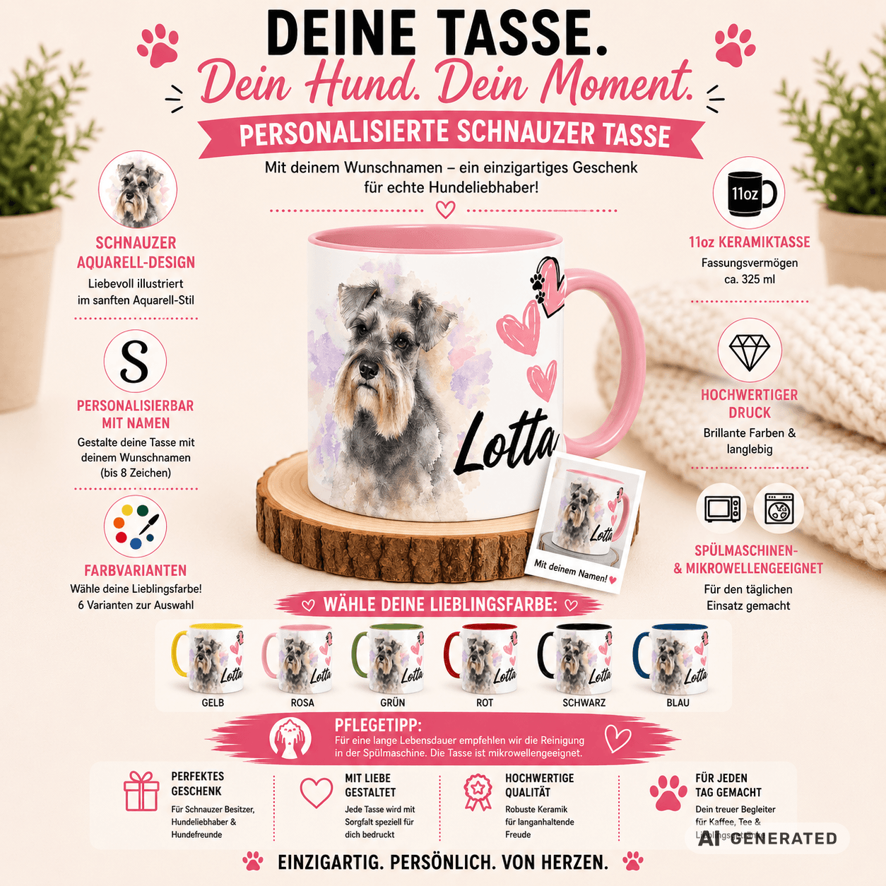 Personalisierte Schnauzer Tasse 11oz – Aquarell Hundemotiv mit Namen | Geschenk für Schnauzer Besitzer | Keramiktasse mit Farbwahl - Sunbeamstore