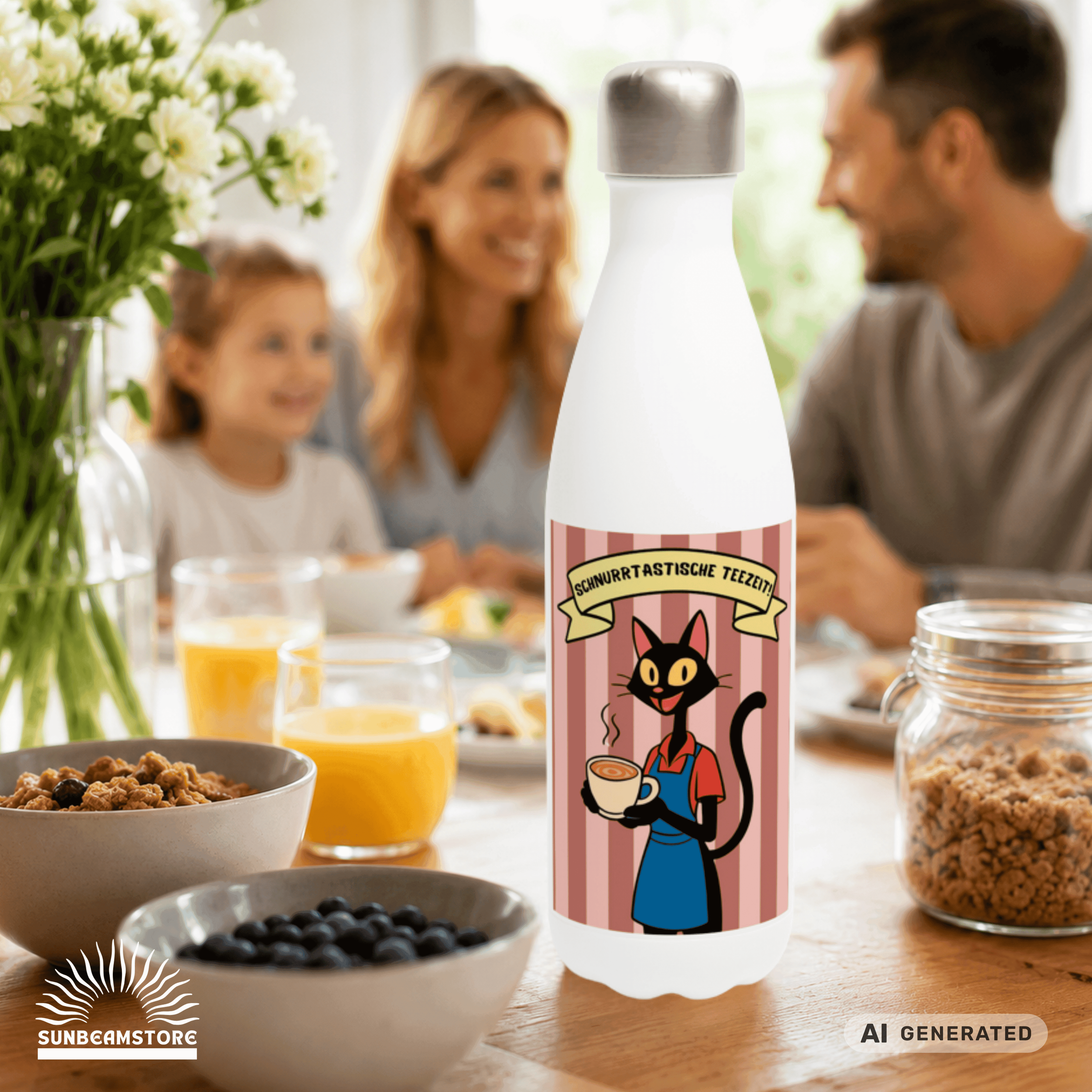 🐱☕ Katzen Trinkflasche "Schnurrtastische Teezeit" | Isolierflasche 500 ml | Geschenk für Katzenliebhaber - Sunbeamstore