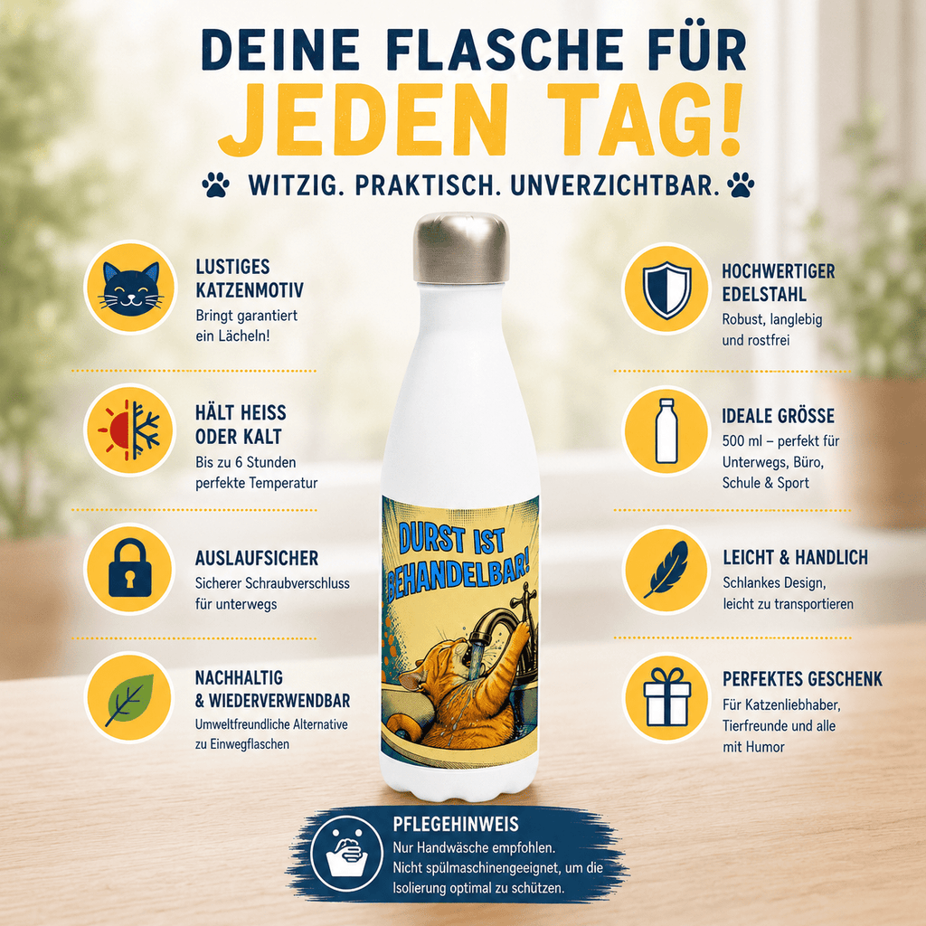 💧🐱 Katzen Trinkflasche "Durst ist behandelbar!" | Edelstahl Isolierflasche 500 ml | Lustiges Geschenk für Katzenfans - Sunbeamstore