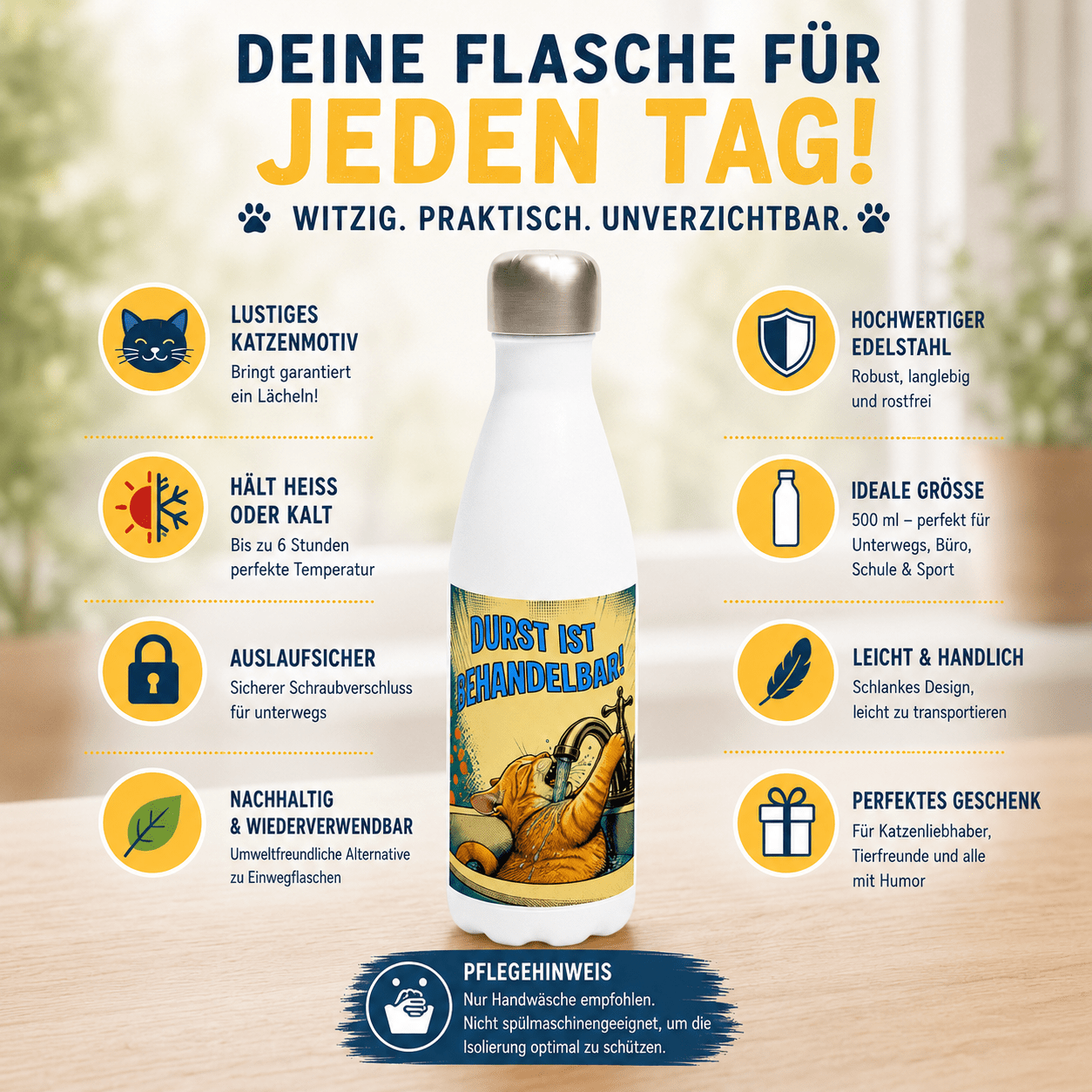💧🐱 Katzen Trinkflasche "Durst ist behandelbar!" | Edelstahl Isolierflasche 500 ml | Lustiges Geschenk für Katzenfans - Sunbeamstore