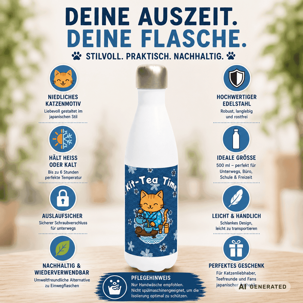 🍵🐱 Katzen Trinkflasche "Kit-Tea Time" | Isolierflasche 500 ml | Geschenk für Katzenliebhaber - Sunbeamstore