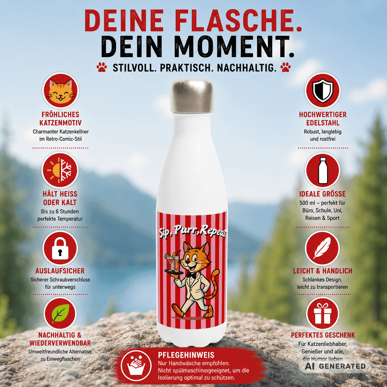 🐱💧 Katzen Trinkflasche "Sip, Purr, Repeat" | Isolierflasche 500 ml | Lustiges Geschenk für Katzenliebhaber - Sunbeamstore