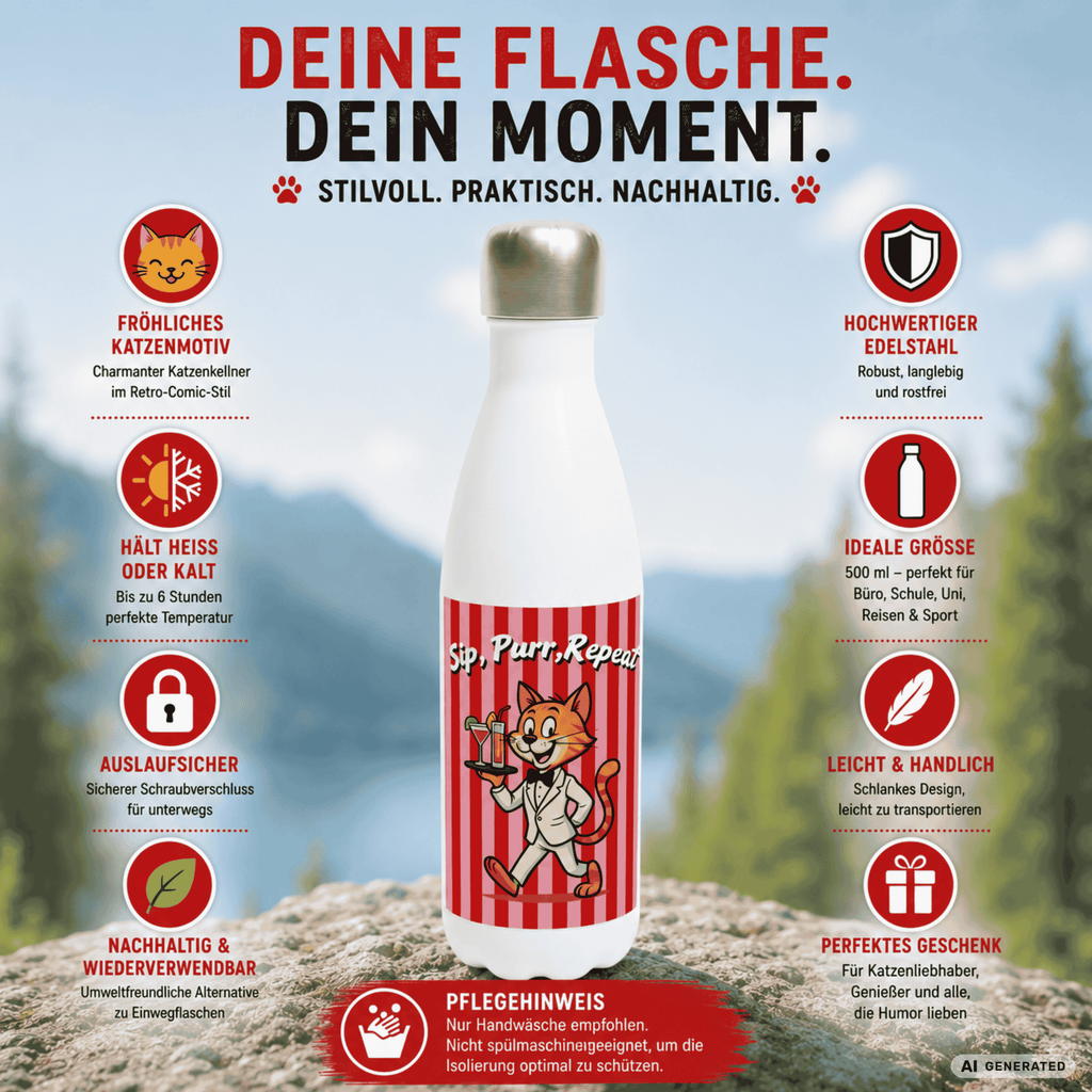 🐱💧 Katzen Trinkflasche "Sip, Purr, Repeat" | Isolierflasche 500 ml | Lustiges Geschenk für Katzenliebhaber - Sunbeamstore