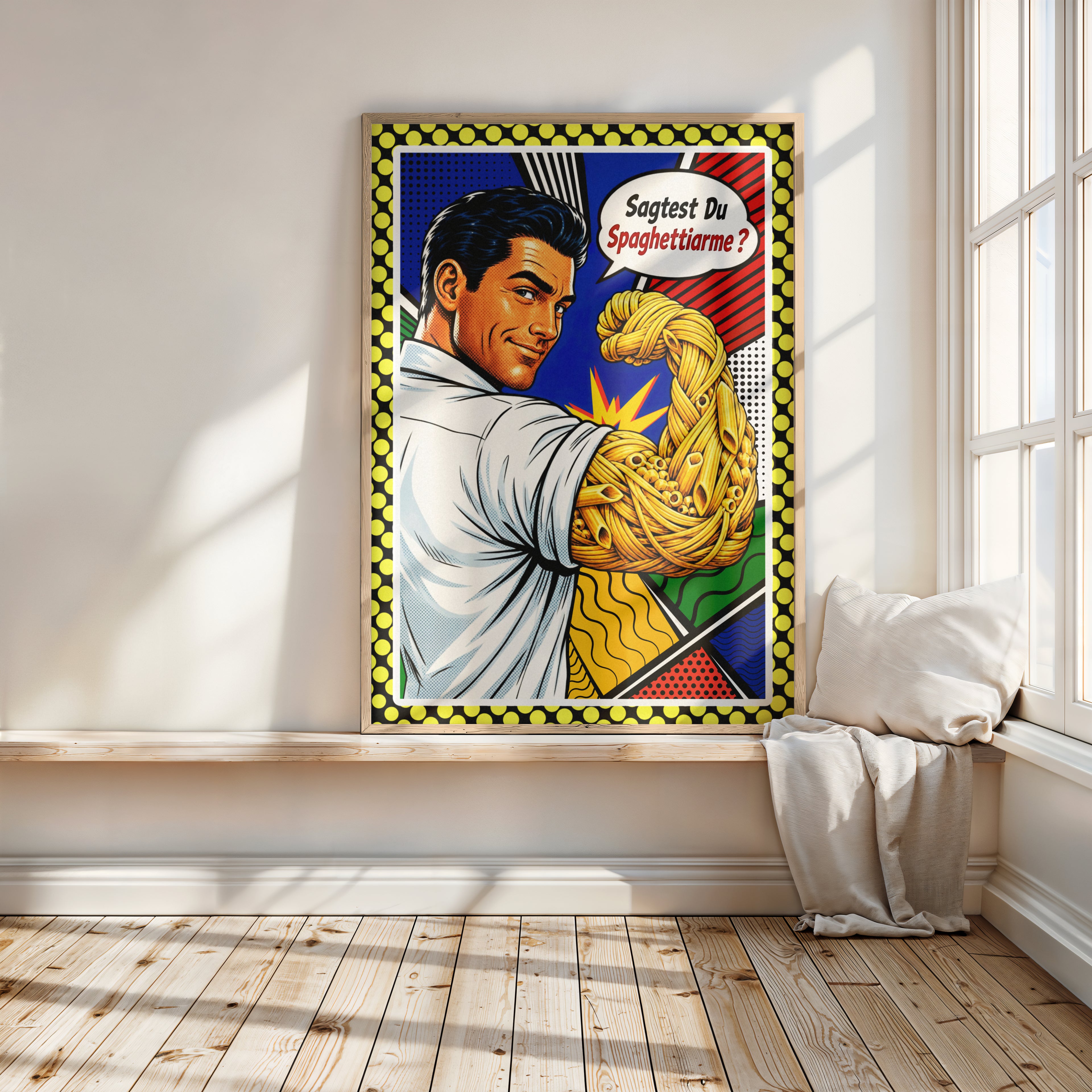 Spaghettiarme? – Witziges Pasta Poster | Italienisches Pop Art Küchenbild | Retro Comic Wall Art | The Pasta Series No. 4 |Premium Semi-Glossy Paper Wooden Framed Poster A1-A4