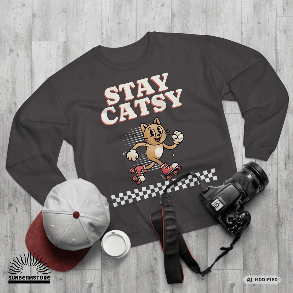 STAY CATSY Retro Sweatshirt – Rollerskating Cat Crewneck mit Checkerboard-Design - Sunbeamstore