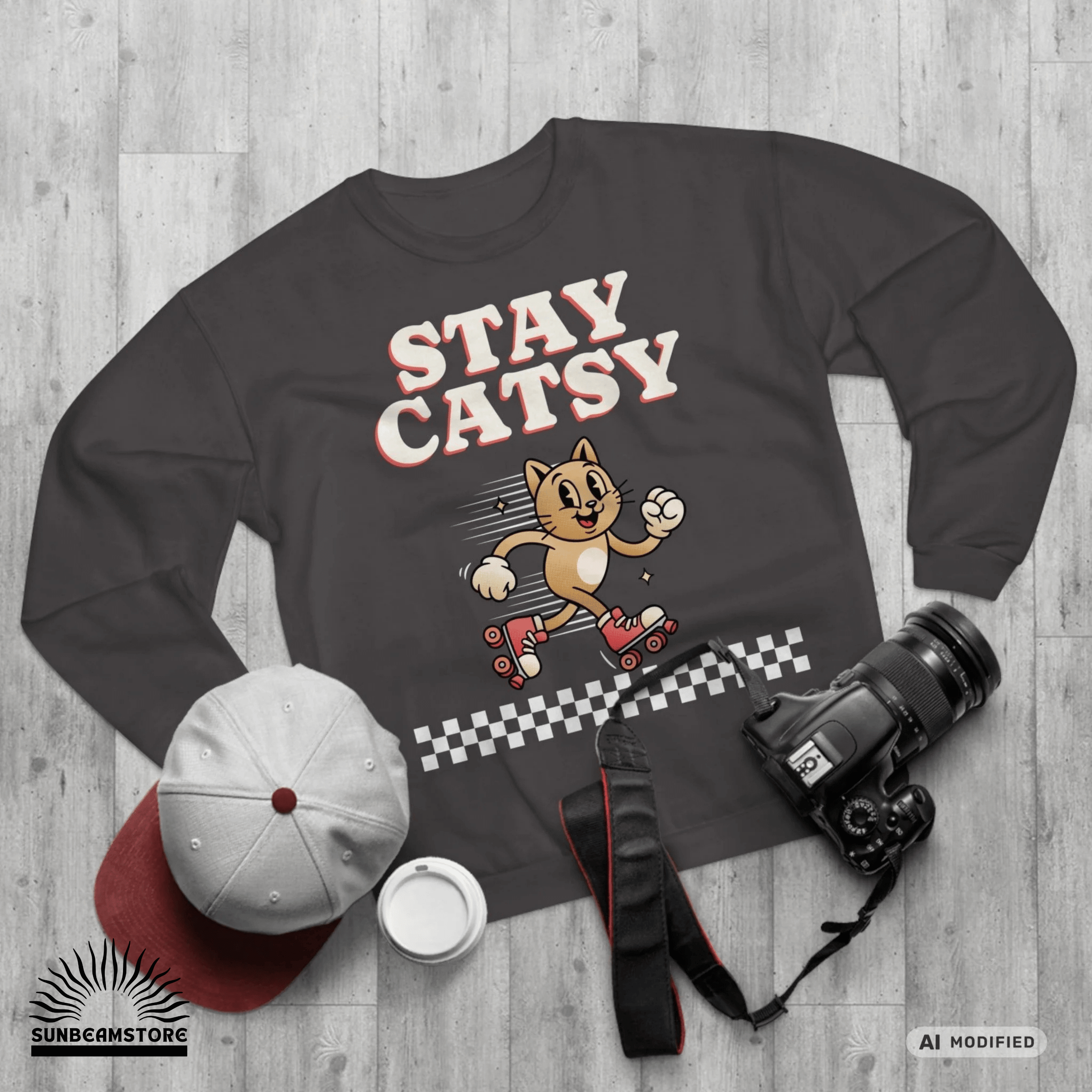 STAY CATSY Retro Sweatshirt – Rollerskating Cat Crewneck mit Checkerboard-Design - Sunbeamstore
