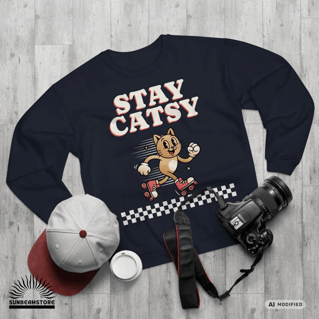 STAY CATSY Retro Sweatshirt – Rollerskating Cat Crewneck mit Checkerboard-Design - Sunbeamstore