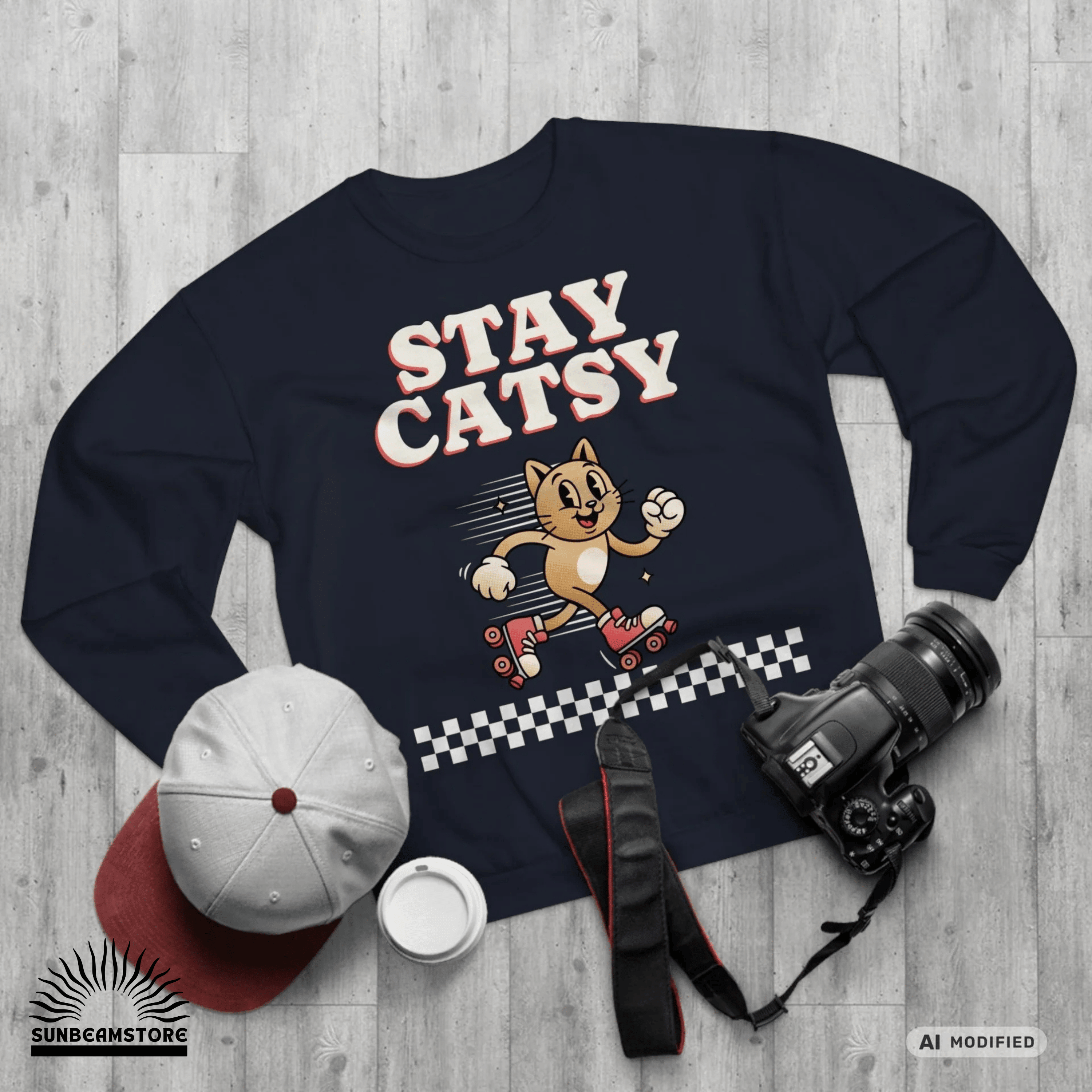 STAY CATSY Retro Sweatshirt – Rollerskating Cat Crewneck mit Checkerboard-Design - Sunbeamstore