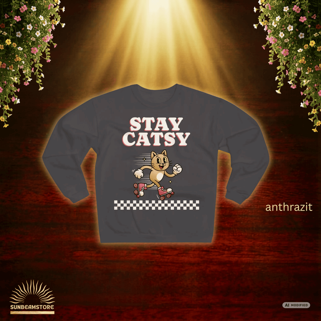 STAY CATSY Retro Sweatshirt – Rollerskating Cat Crewneck mit Checkerboard-Design - Sunbeamstore