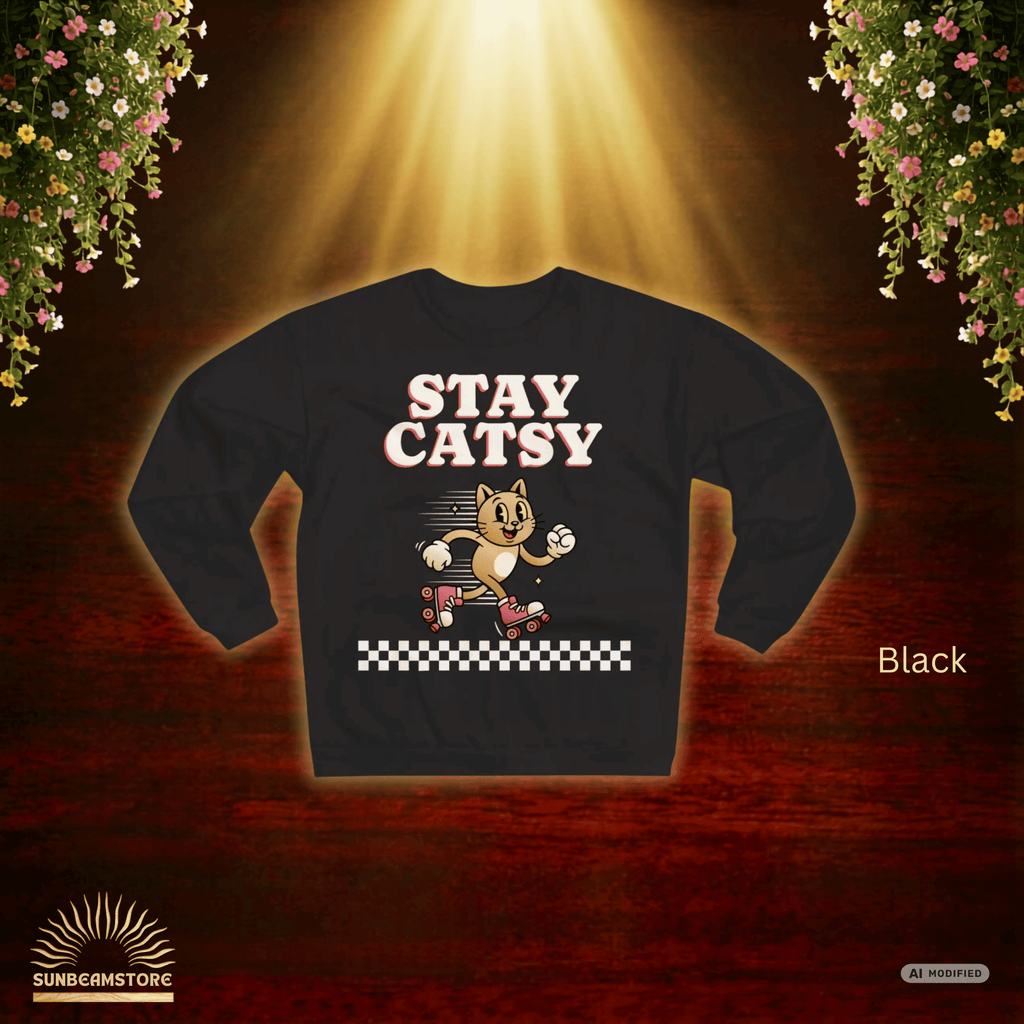 STAY CATSY Retro Sweatshirt – Rollerskating Cat Crewneck mit Checkerboard-Design - Sunbeamstore