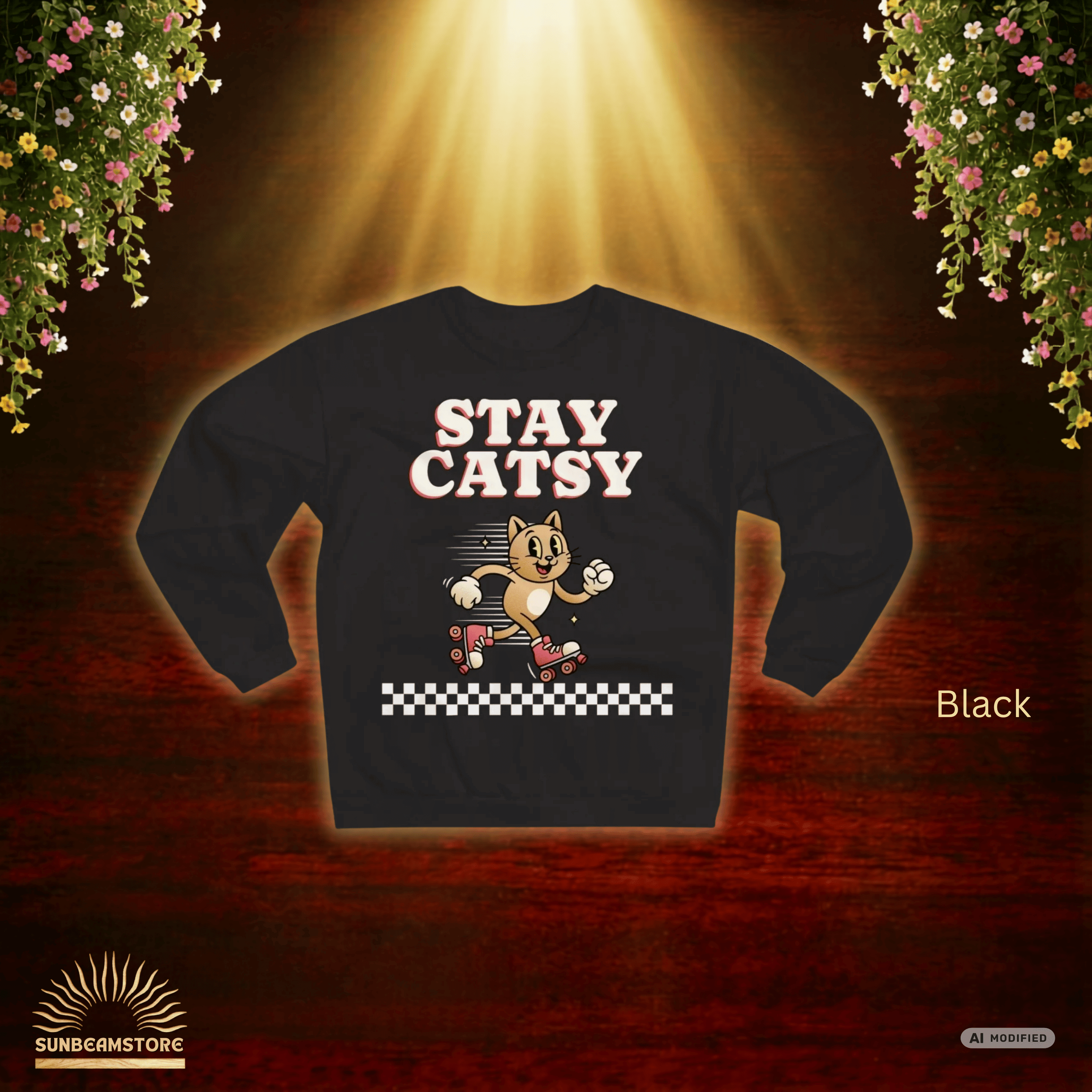 STAY CATSY Retro Sweatshirt – Rollerskating Cat Crewneck mit Checkerboard-Design - Sunbeamstore