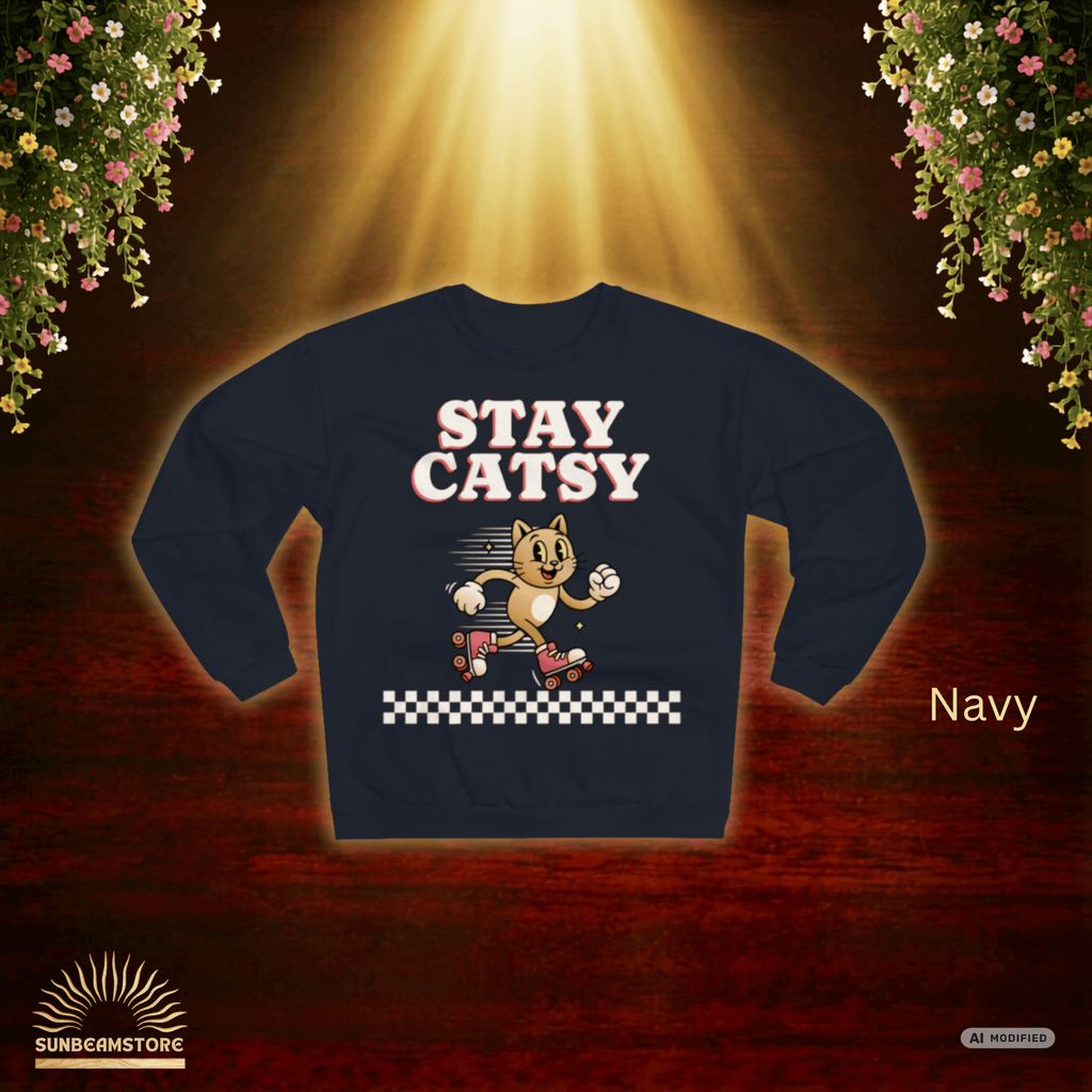 STAY CATSY Retro Sweatshirt – Rollerskating Cat Crewneck mit Checkerboard-Design - Sunbeamstore