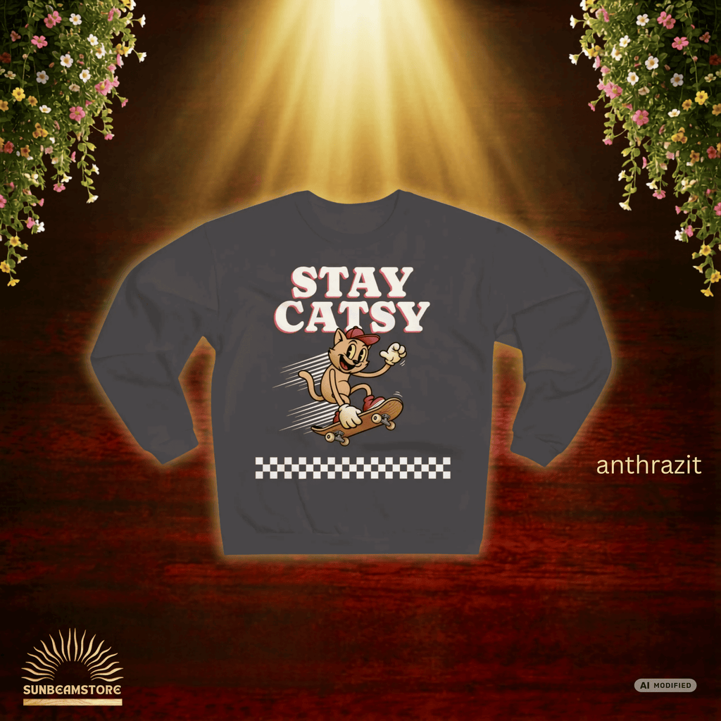 STAY CATSY Retro Sweatshirt – Skater-Katze auf Skateboard mit Checkerboard - Sunbeamstore