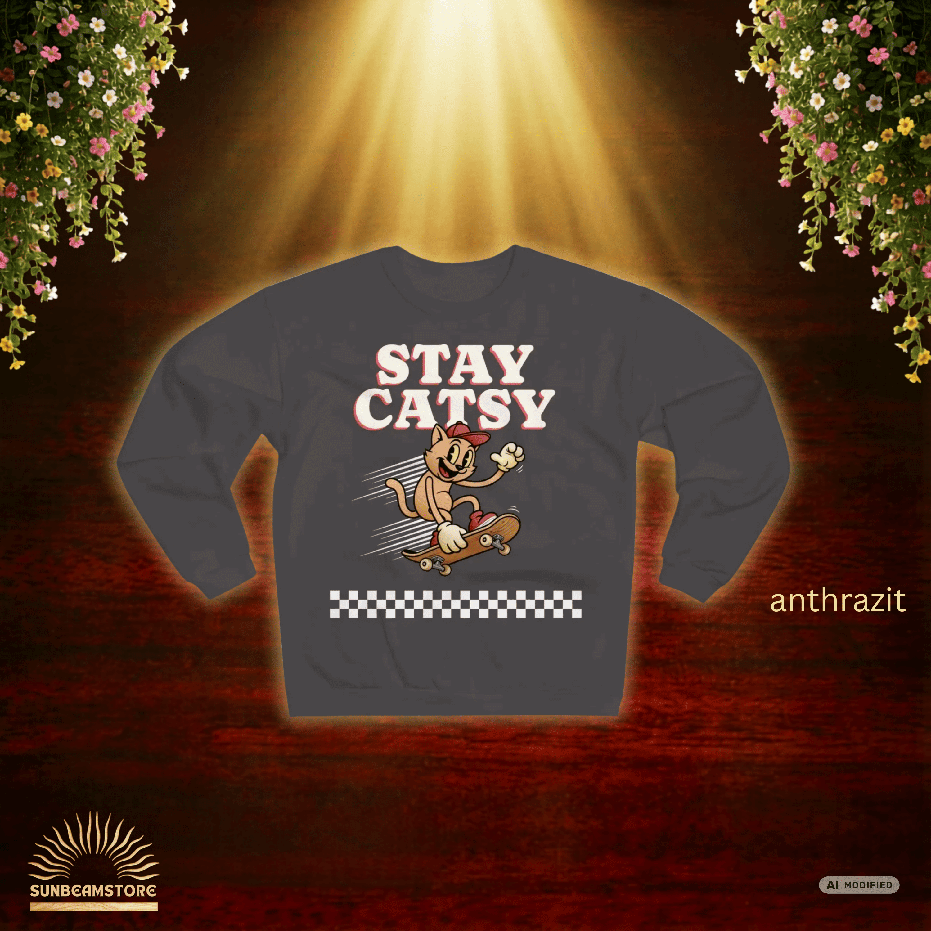 STAY CATSY Retro Sweatshirt – Skater-Katze auf Skateboard mit Checkerboard - Sunbeamstore