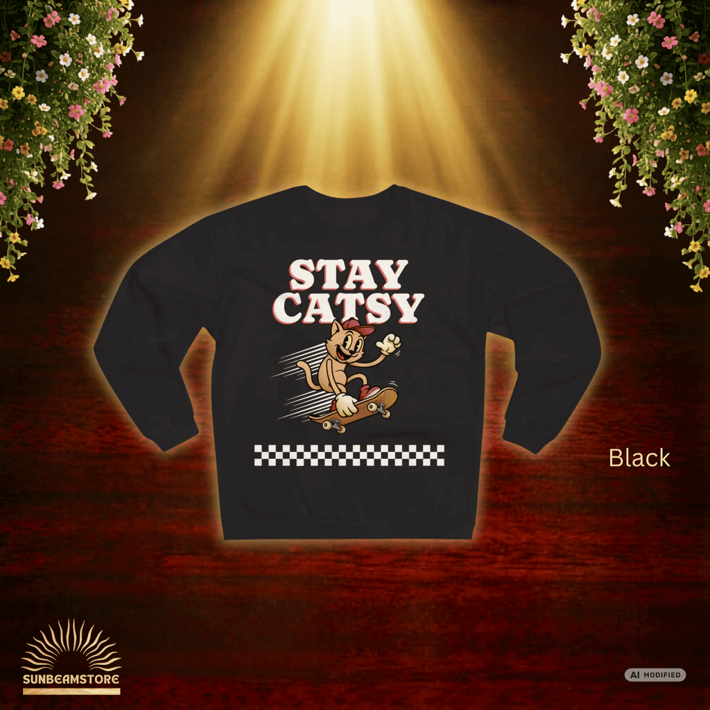 STAY CATSY Retro Sweatshirt – Skater-Katze auf Skateboard mit Checkerboard - Sunbeamstore