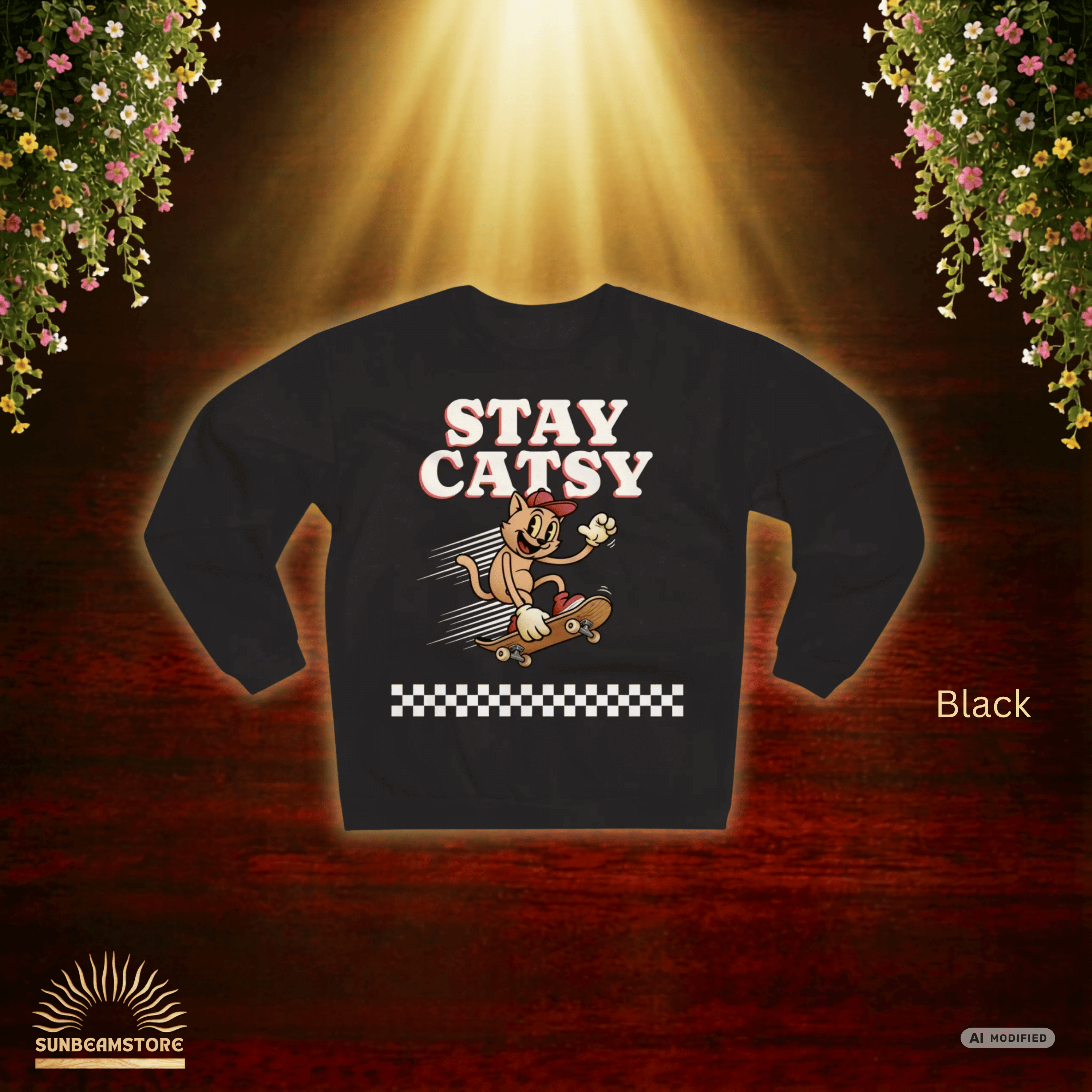 STAY CATSY Retro Sweatshirt – Skater-Katze auf Skateboard mit Checkerboard - Sunbeamstore