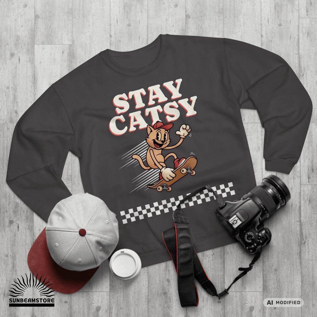 STAY CATSY Retro Sweatshirt – Skater-Katze auf Skateboard mit Checkerboard - Sunbeamstore