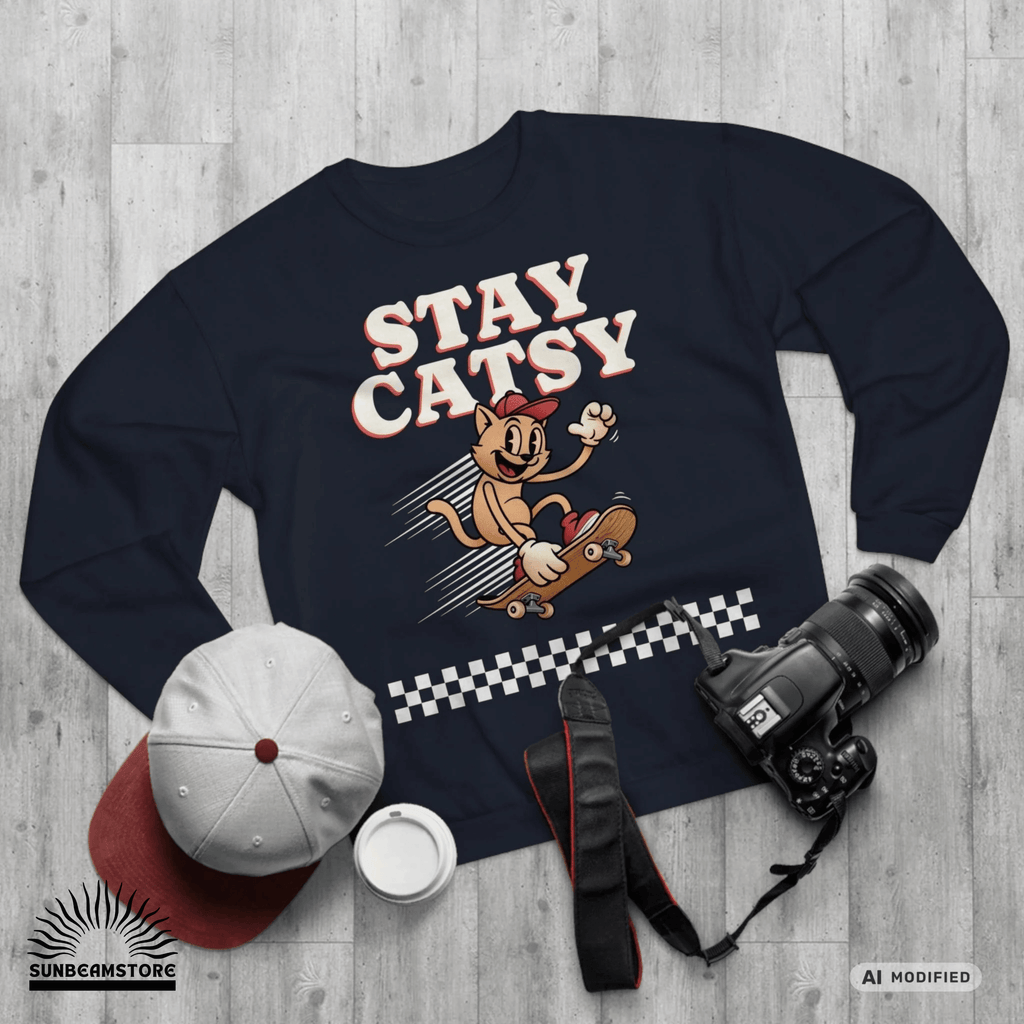 STAY CATSY Retro Sweatshirt – Skater-Katze auf Skateboard mit Checkerboard - Sunbeamstore