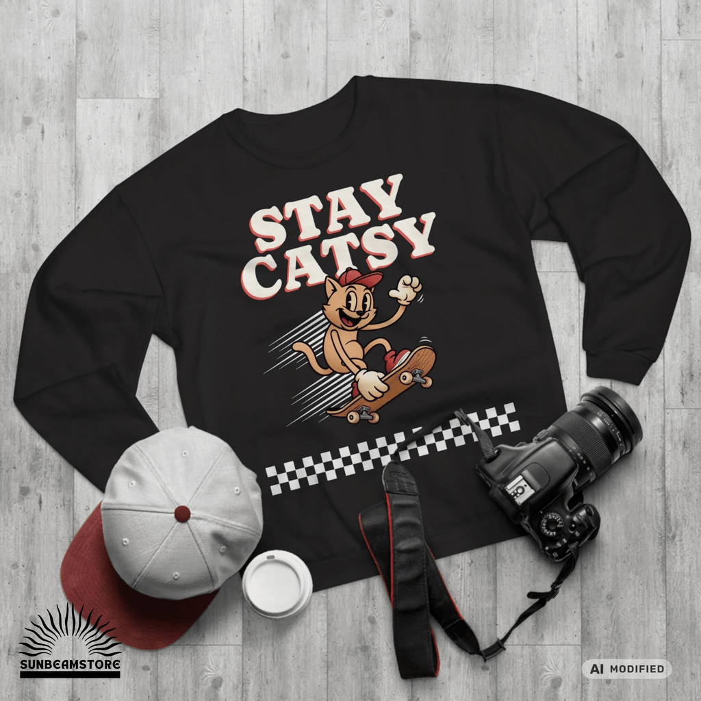 STAY CATSY Retro Sweatshirt – Skater-Katze auf Skateboard mit Checkerboard - Sunbeamstore
