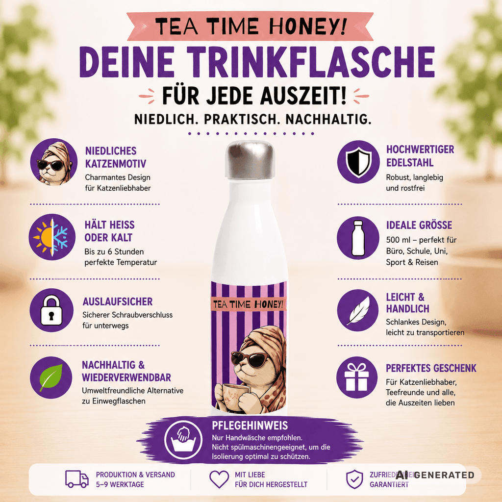 🫖🐱 Katzen Trinkflasche "Tea Time Honey" | Isolierflasche 500 ml | Geschenk für Katzenfans & Teeliebhaber - Sunbeamstore