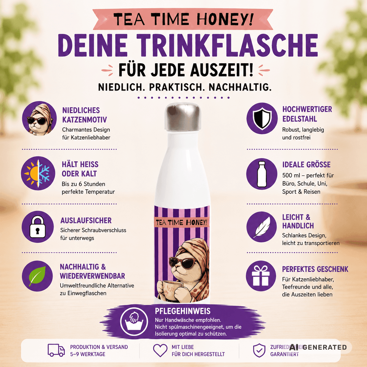 🫖🐱 Katzen Trinkflasche "Tea Time Honey" | Isolierflasche 500 ml | Geschenk für Katzenfans & Teeliebhaber - Sunbeamstore