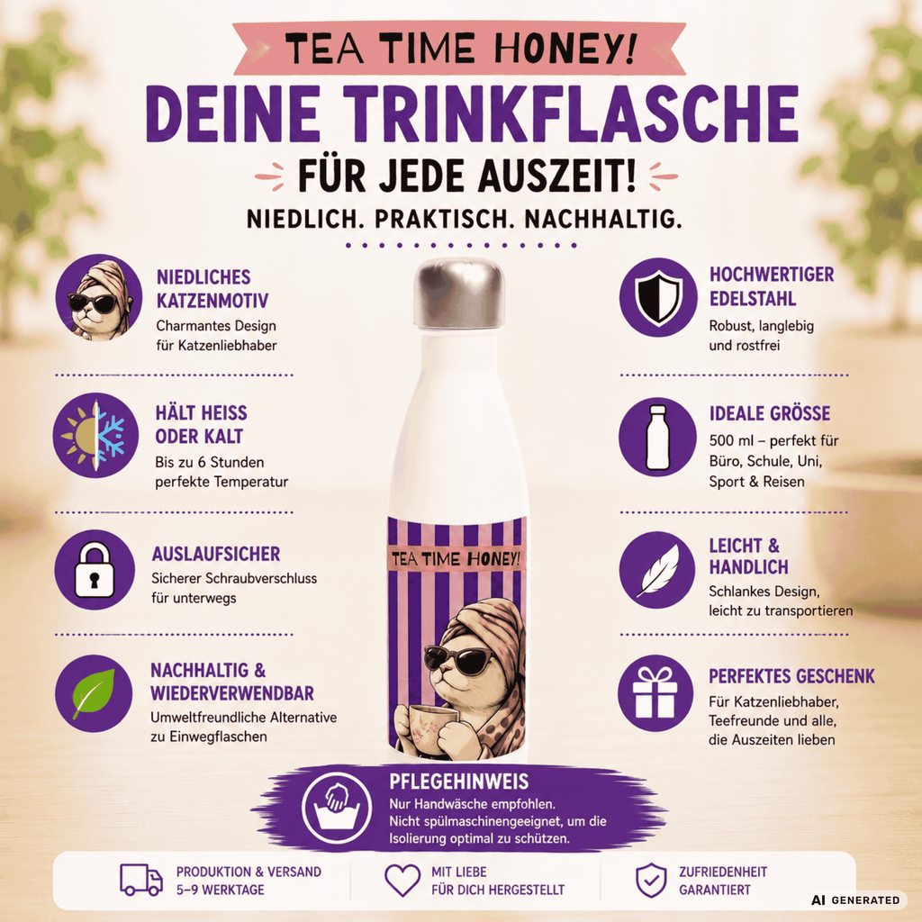 🫖🐱 Katzen Trinkflasche "Tea Time Honey" | Isolierflasche 500 ml | Geschenk für Katzenfans & Teeliebhaber - Sunbeamstore