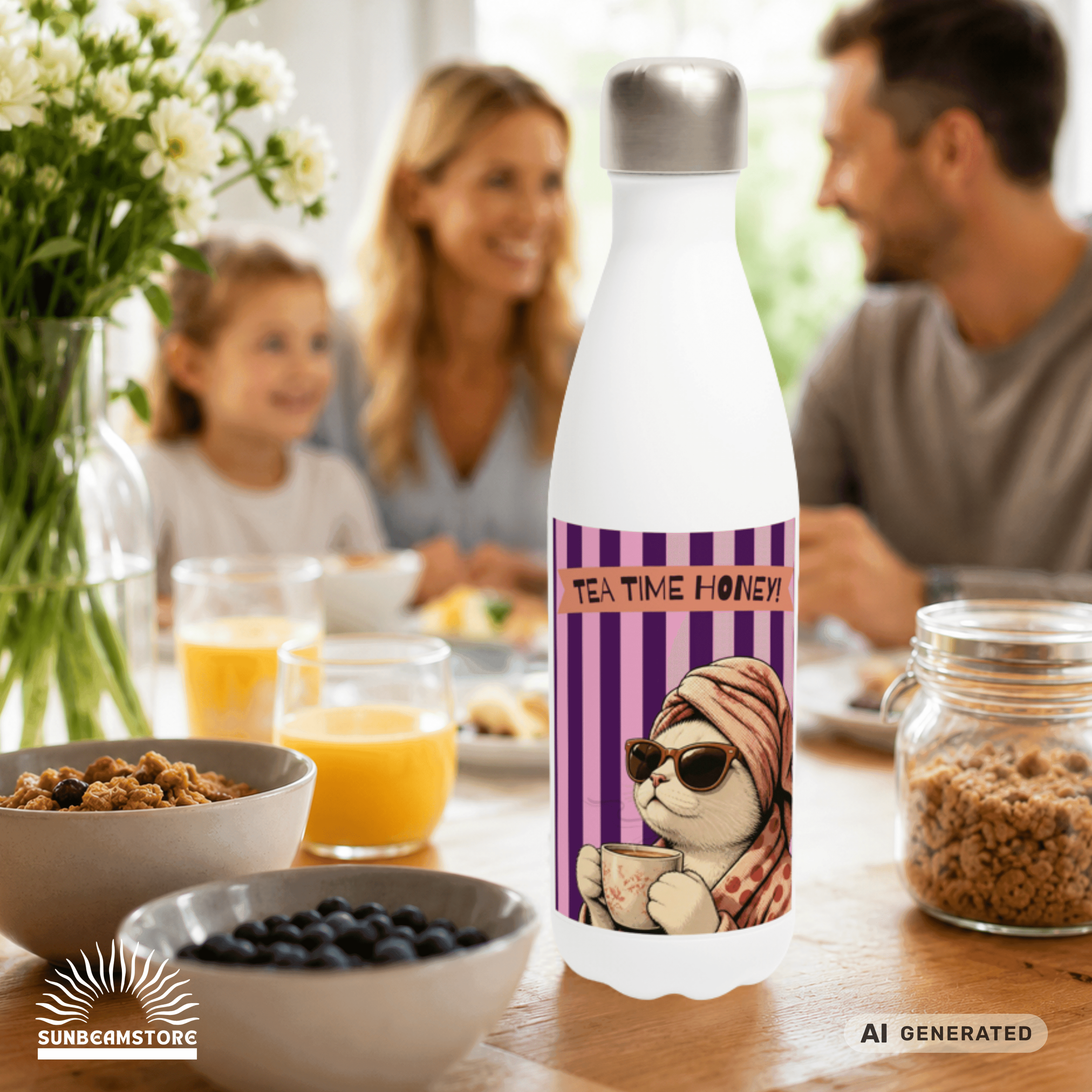 🫖🐱 Katzen Trinkflasche "Tea Time Honey" | Isolierflasche 500 ml | Geschenk für Katzenfans & Teeliebhaber - Sunbeamstore
