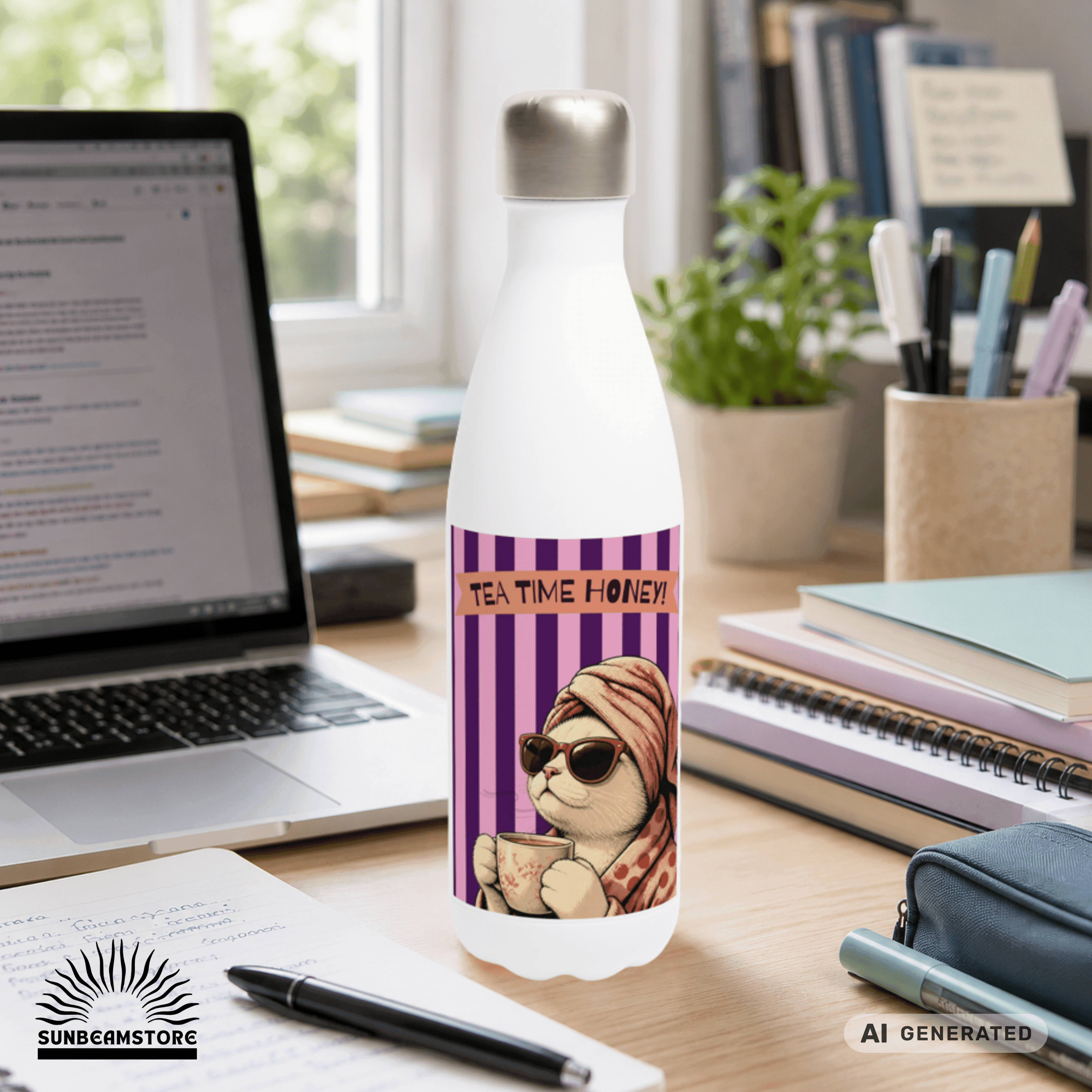 🫖🐱 Katzen Trinkflasche "Tea Time Honey" | Isolierflasche 500 ml | Geschenk für Katzenfans & Teeliebhaber - Sunbeamstore