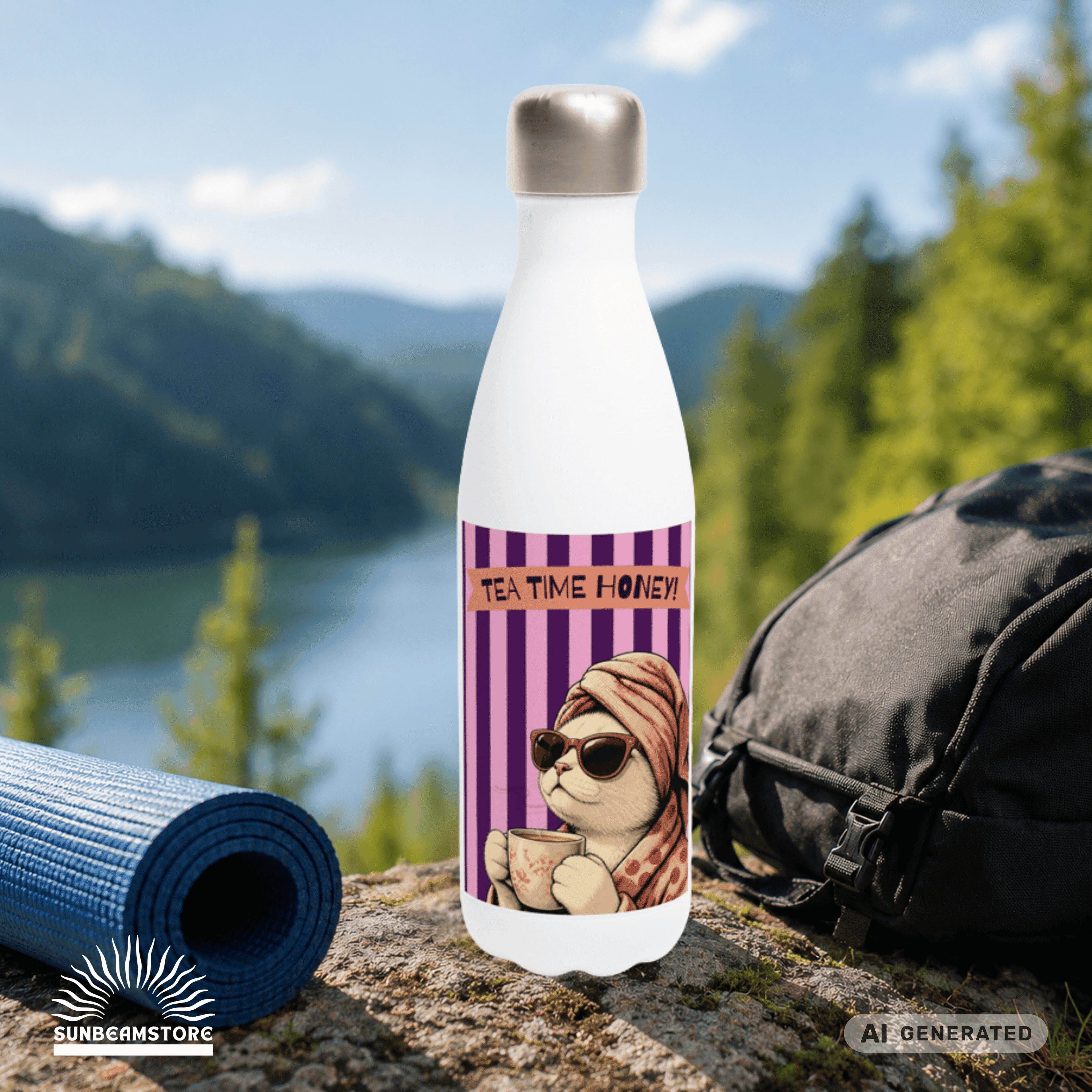 🫖🐱 Katzen Trinkflasche "Tea Time Honey" | Isolierflasche 500 ml | Geschenk für Katzenfans & Teeliebhaber - Sunbeamstore