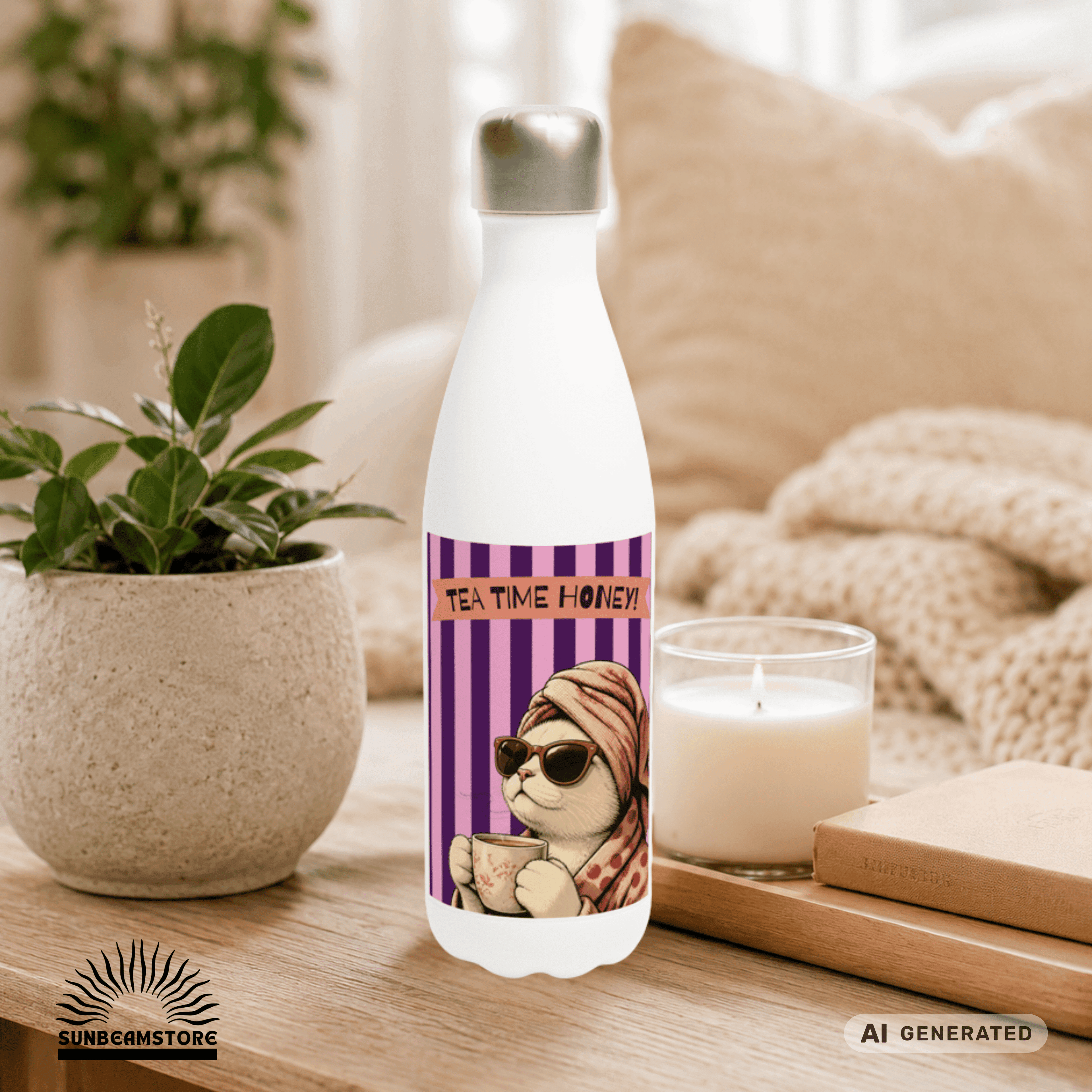 🫖🐱 Katzen Trinkflasche "Tea Time Honey" | Isolierflasche 500 ml | Geschenk für Katzenfans & Teeliebhaber - Sunbeamstore