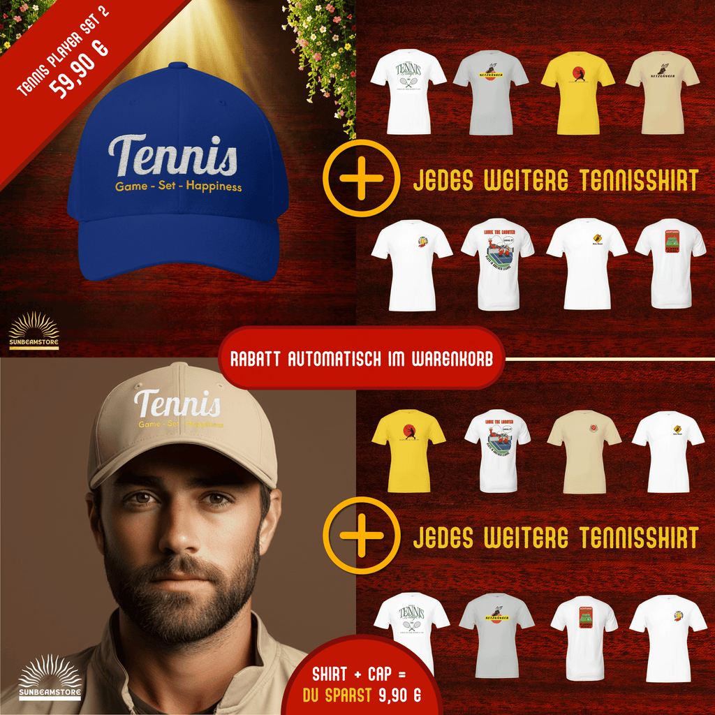 Bestickte Tennis Cap „Game – Set – Happiness“ – Personalisierbare Flexfit Baseball Cap für Tennisfans