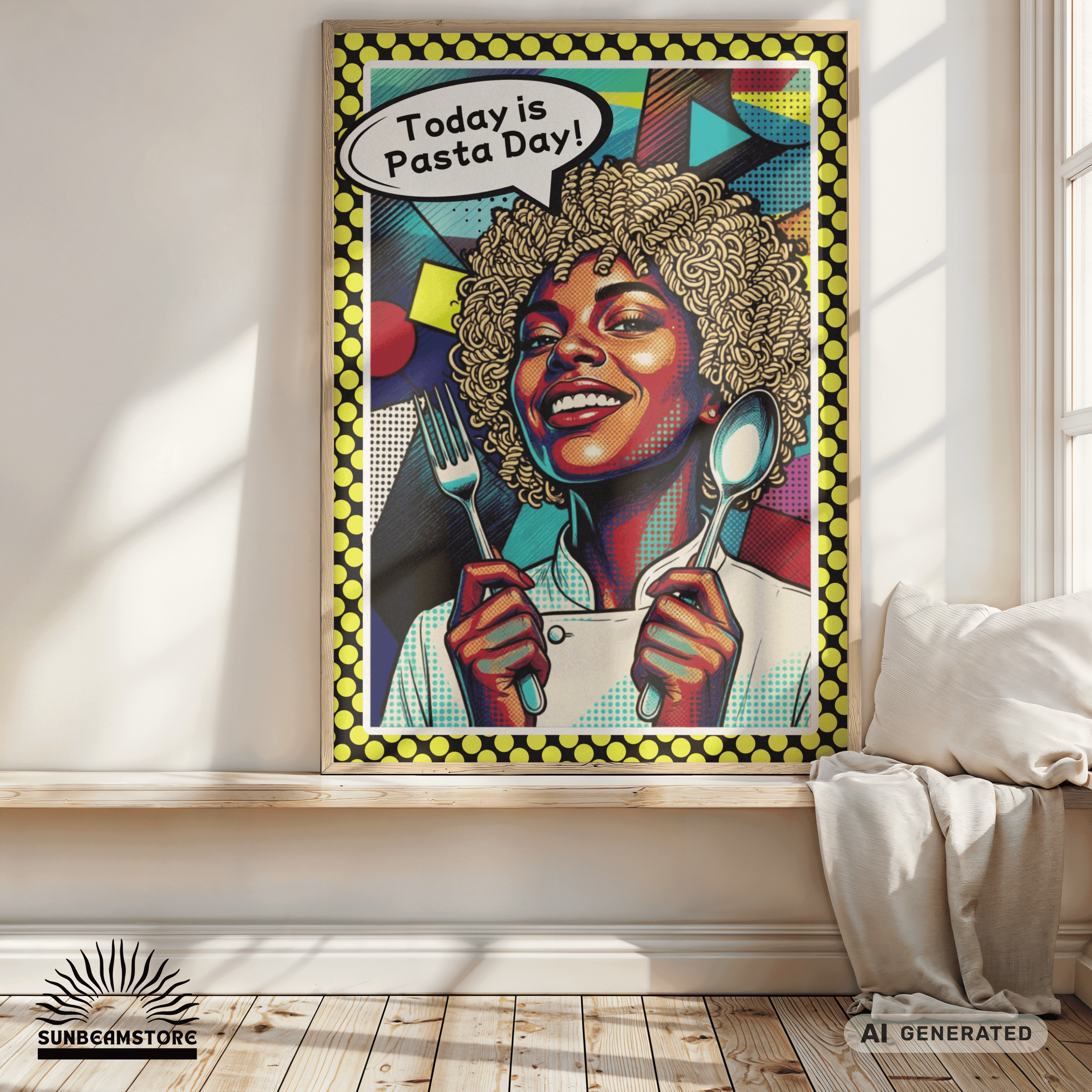 Today Is Pasta Day! – Italian Pop Art | Funny Kitchen Wall Art | Retro Comic Food Print | The Pasta Series No. 5 | Premium Semi-Glossy Paper Wooden Framed Poster - Sunbeamstore
