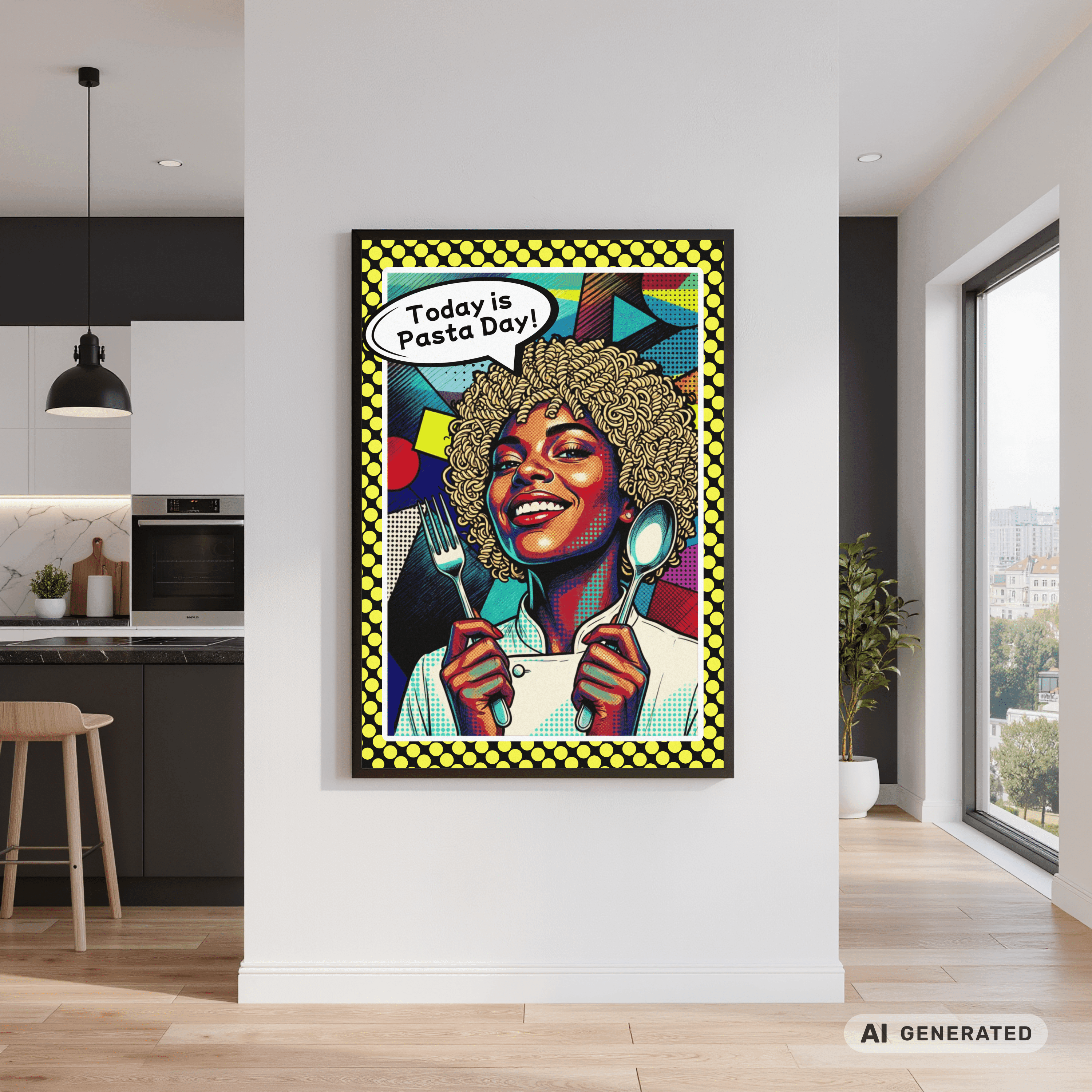 Today Is Pasta Day! – Italian Pop Art | Funny Kitchen Wall Art | Retro Comic Food Print | The Pasta Series No. 5 | Premium Semi-Glossy Paper Wooden Framed Poster - Sunbeamstore