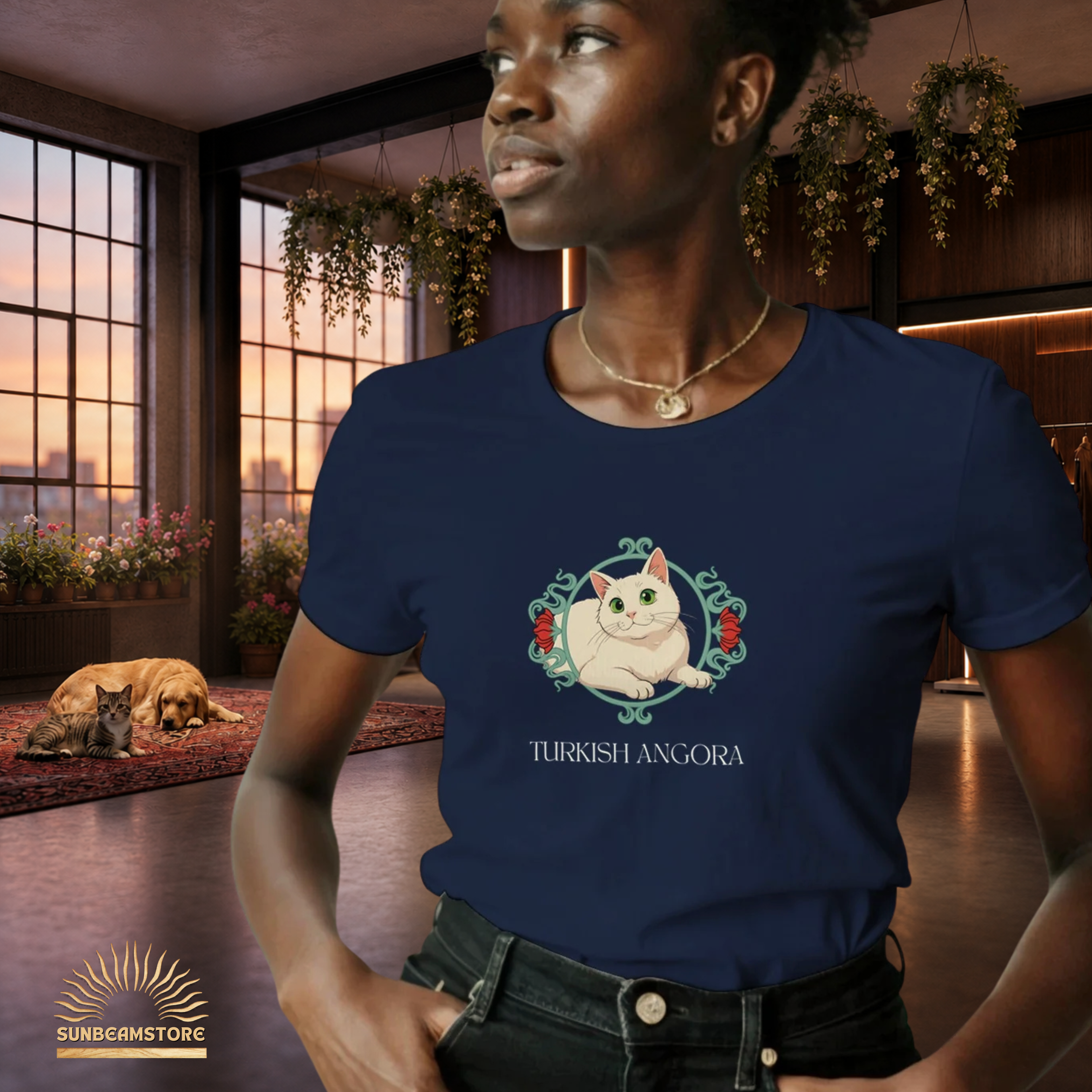 Türkisch Angora Katzen Shirt – Elegantes Katzen Design mit floralem Rahmen | Geschenk für Katzenliebhaber