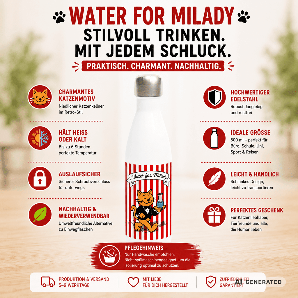 Katzen Trinkflasche "Water for Milady" | Isolierflasche 500 ml für Katzenfans - Sunbeamstore