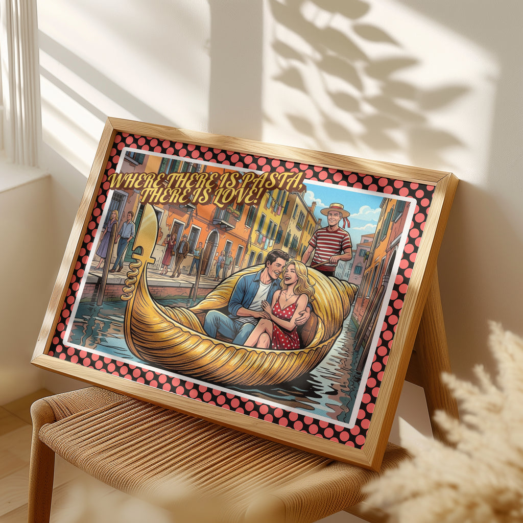 Where There Is Pasta, There Is Love! – Romantisches Italien Poster | Pasta Gondel Pop Art | Italienische Wandkunst | The Pasta Series No. 6 | Poster 70x100cm