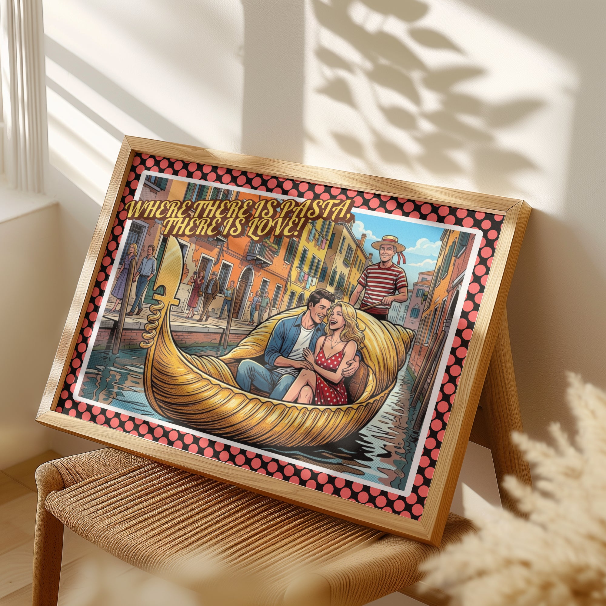 Where There Is Pasta, There Is Love! – Romantisches Italien Poster | Pasta Gondel Pop Art | Italienische Wandkunst | The Pasta Series No. 6 | Poster 70x100cm