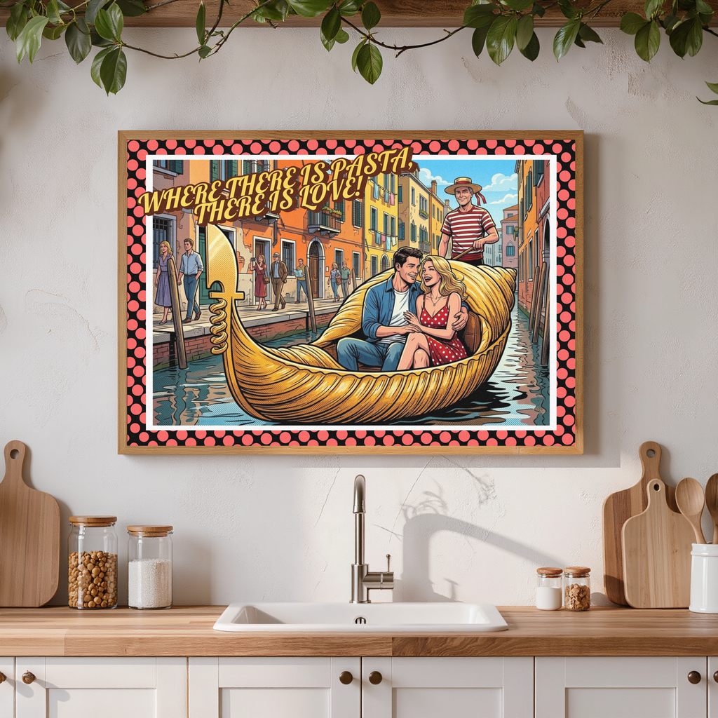Where There Is Pasta, There Is Love! – Romantisches Italien Poster | Pasta Gondel Pop Art | Italienische Wandkunst | The Pasta Series No. 6 | Poster 70x100cm