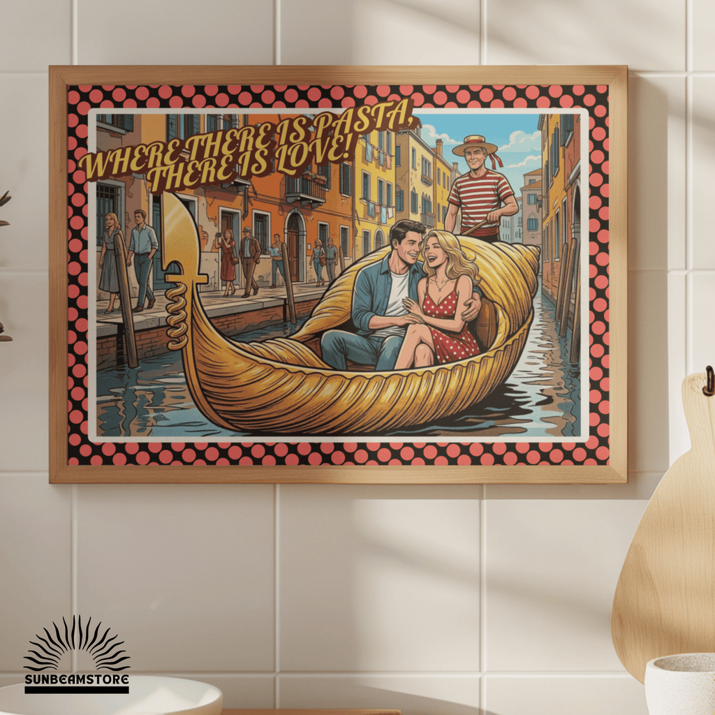 Where There Is Pasta, There Is Love! – Romantisches Italien Poster | Pasta Gondel Pop Art | Italienische Wandkunst | The Pasta Series No. 6 | Poster 70x100cm