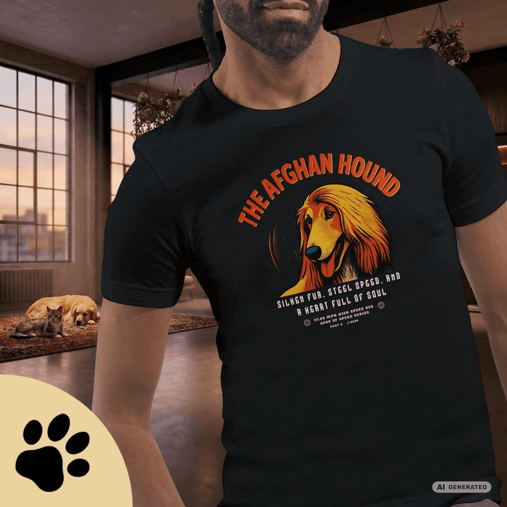 Afghanischer Windhund T-Shirt – Gods of Speed Series Part 2 T-Shirt- Silken Fur, Steel Speed and a Heart Full of Soul - Sunbeamstore
