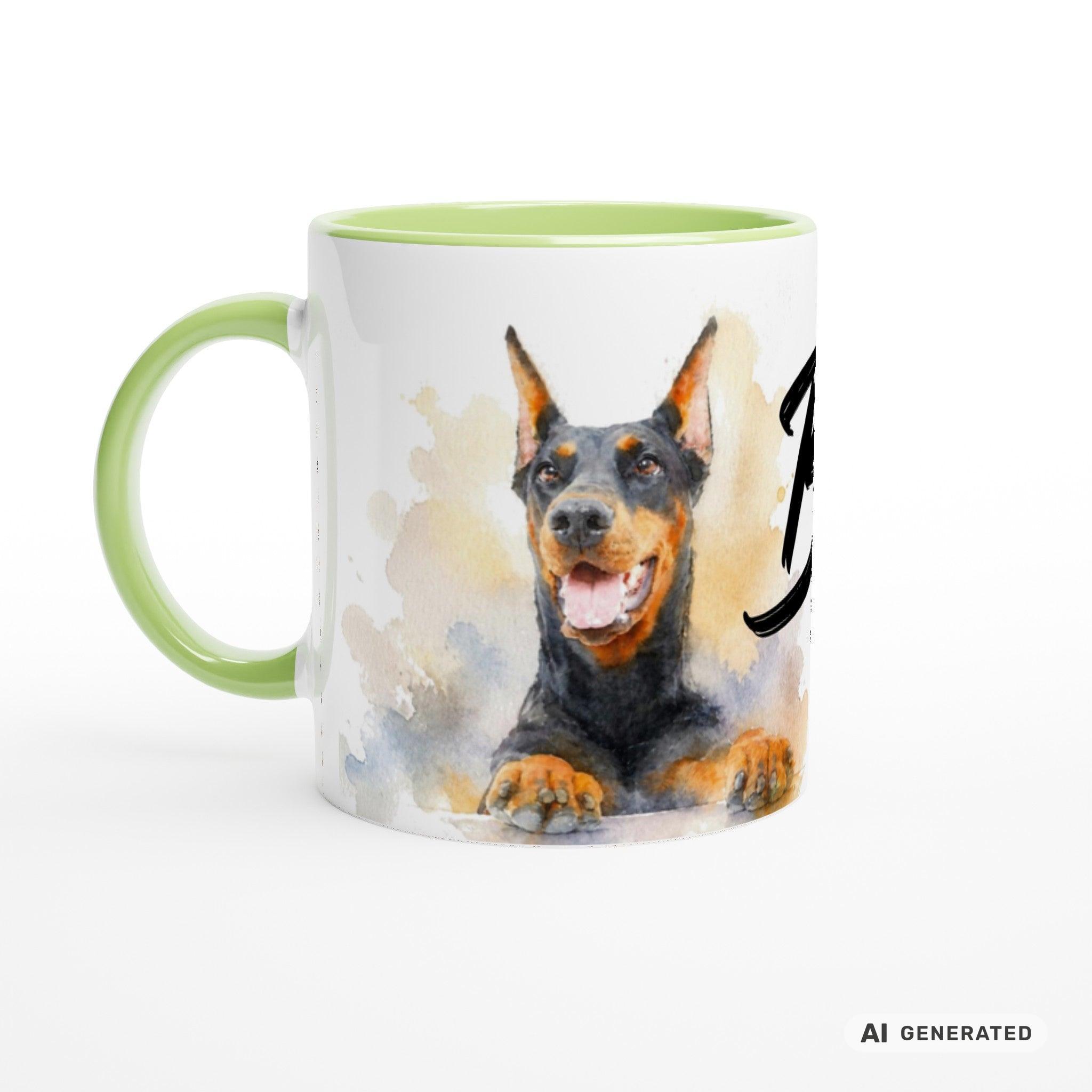 Personalisierte Dobermann Tasse 11oz – Aquarell Hundemotiv mit Namen | Geschenk für Dobermann Besitzer | Keramiktasse mit Farbwahl - Sunbeamstore
