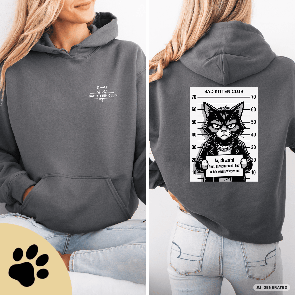 BAD KITTEN CLUB – Gangster Cat Hoodie mit Mugshot Backprint | Unisex - Sunbeamstore